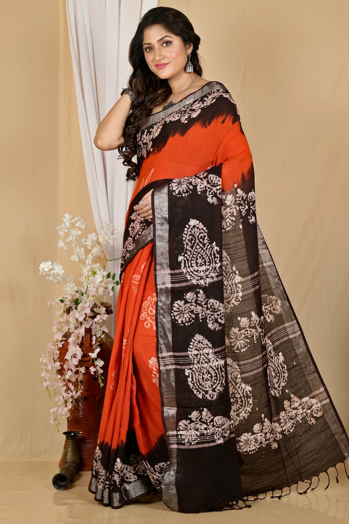 DipDiya Pure Cotton Orange Black Batikato Essence of Bengal Batik Print Sarees