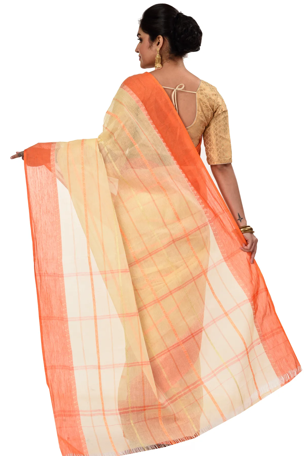 DipDiya Pure Cotton Orange Boysko Classic Bengali Tant Sarees