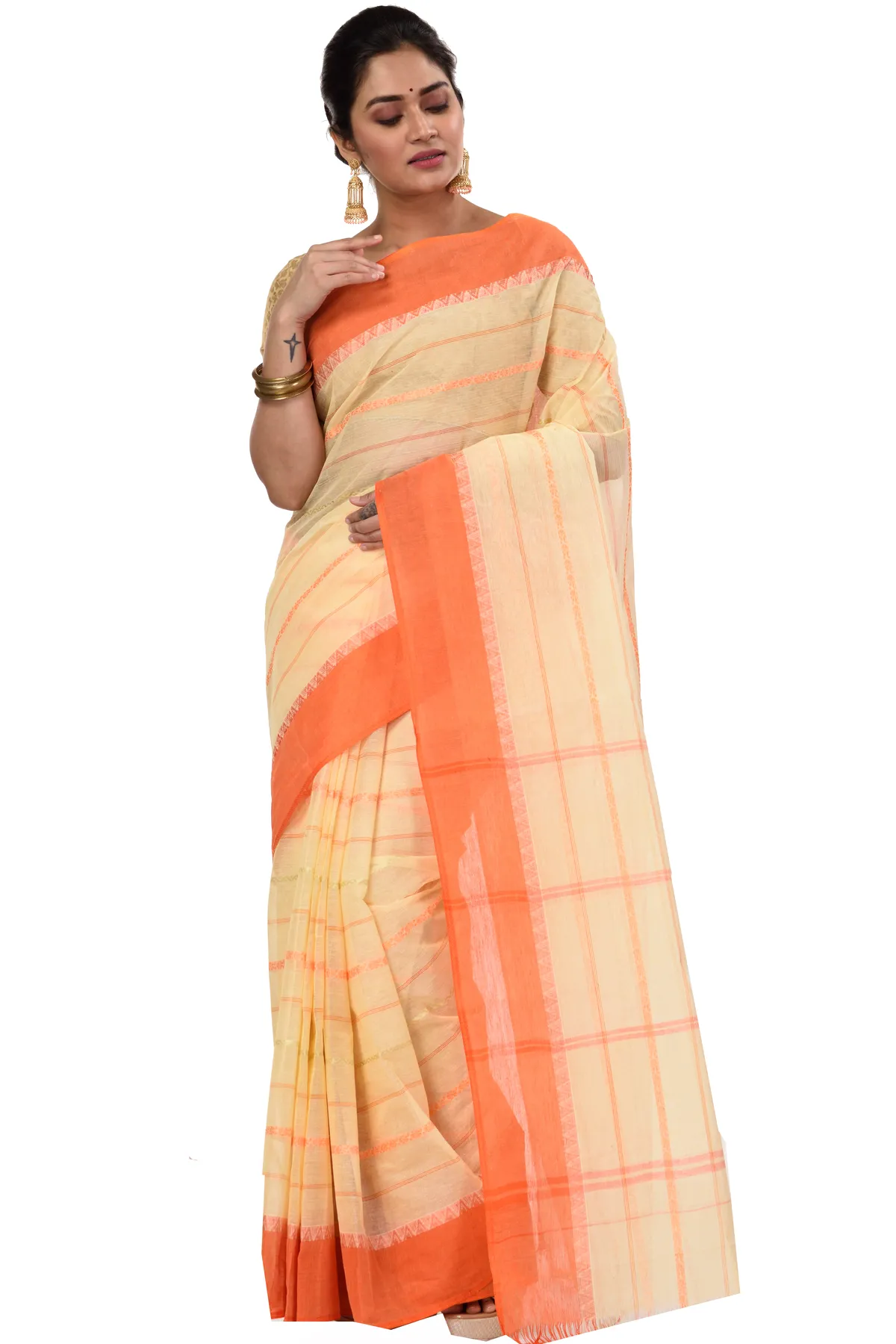 DipDiya Pure Cotton Orange Boysko Classic Bengali Tant Sarees