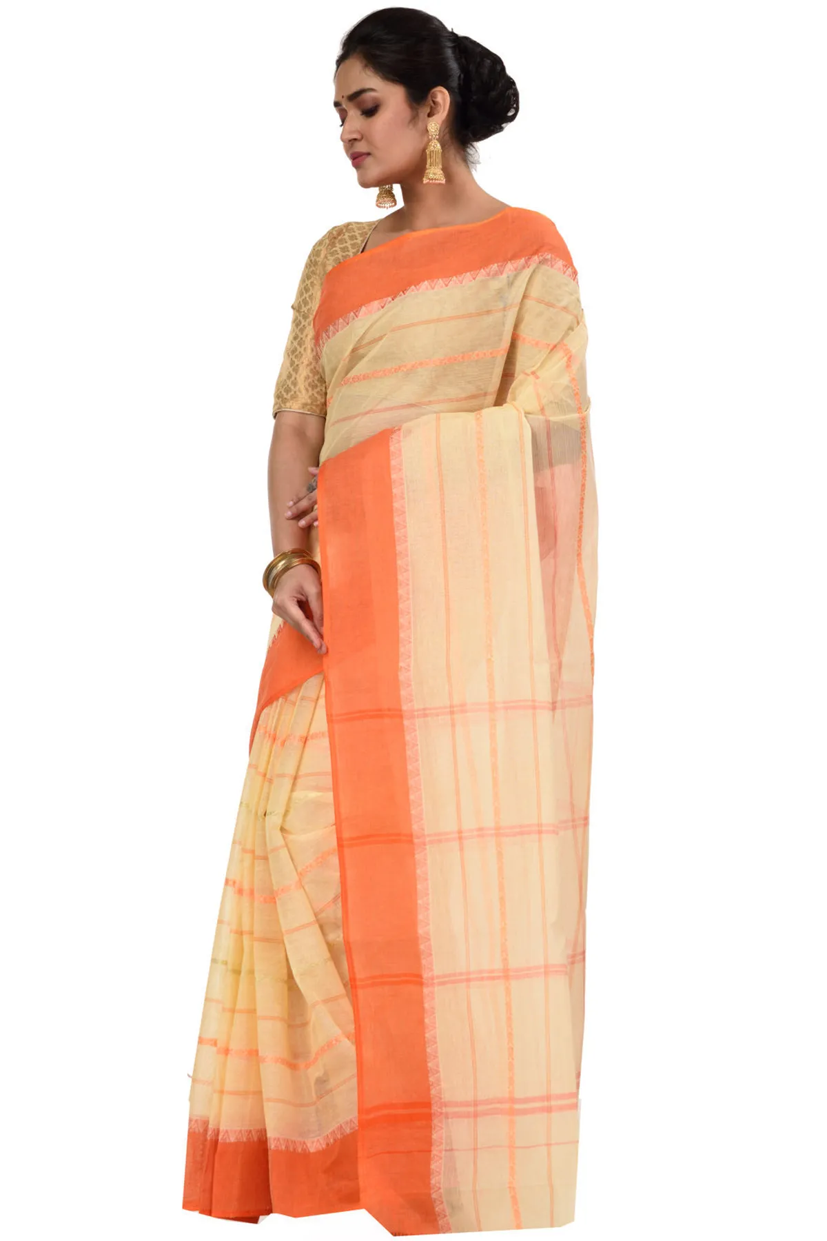 DipDiya Pure Cotton Orange Boysko Classic Bengali Tant Sarees