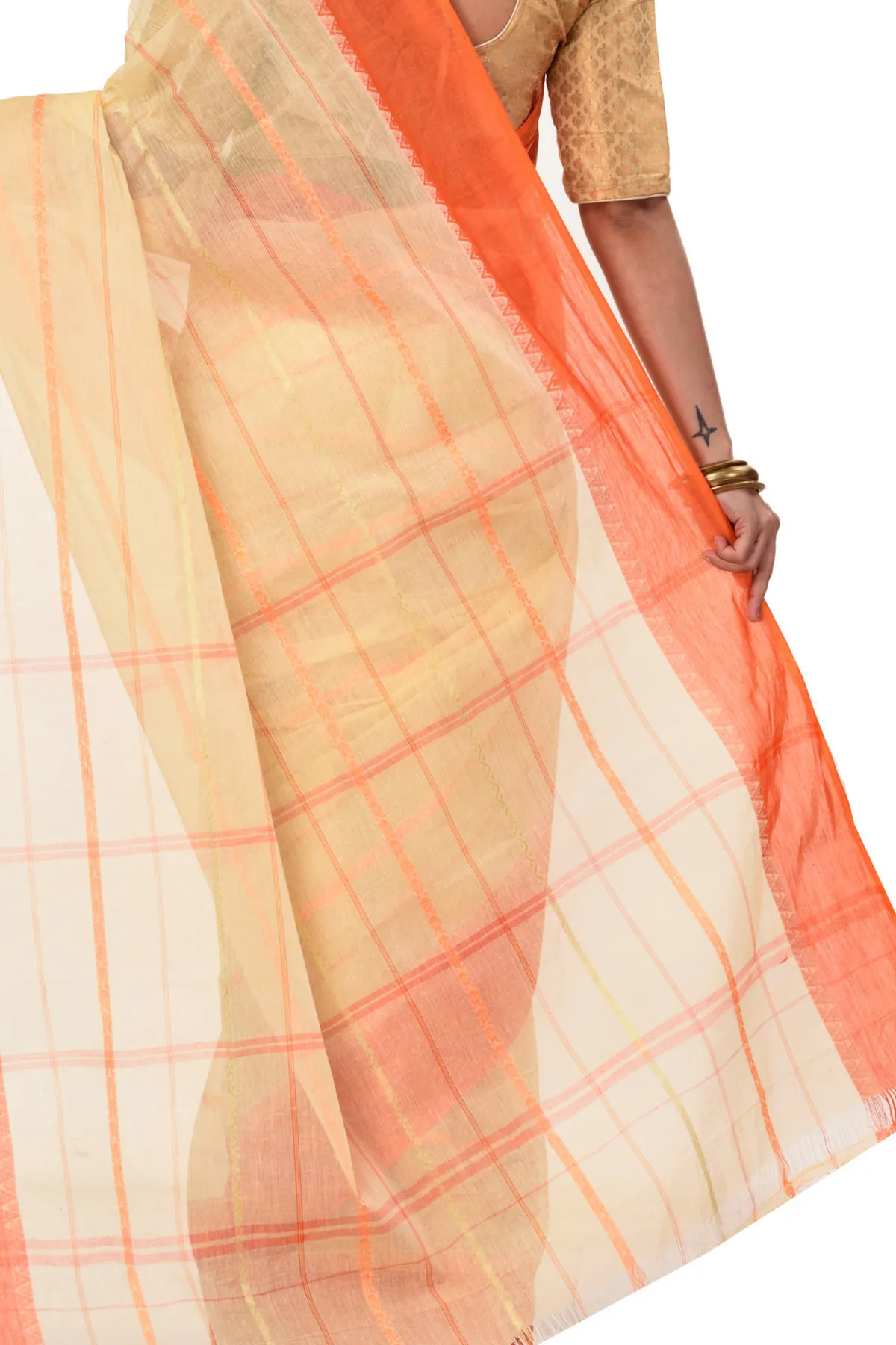 DipDiya Pure Cotton Orange Boysko Classic Bengali Tant Sarees