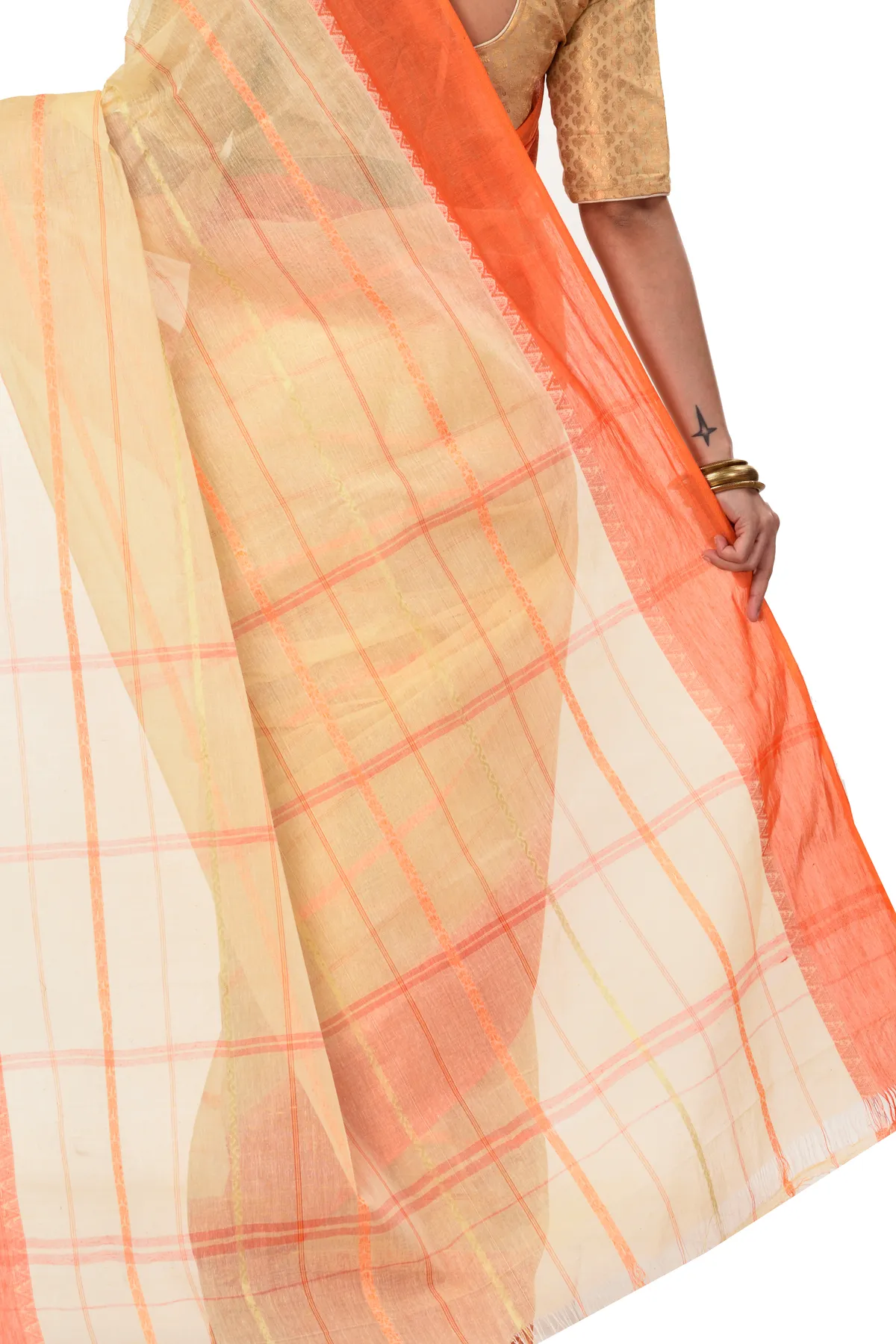 DipDiya Pure Cotton Orange Boysko Classic Bengali Tant Sarees