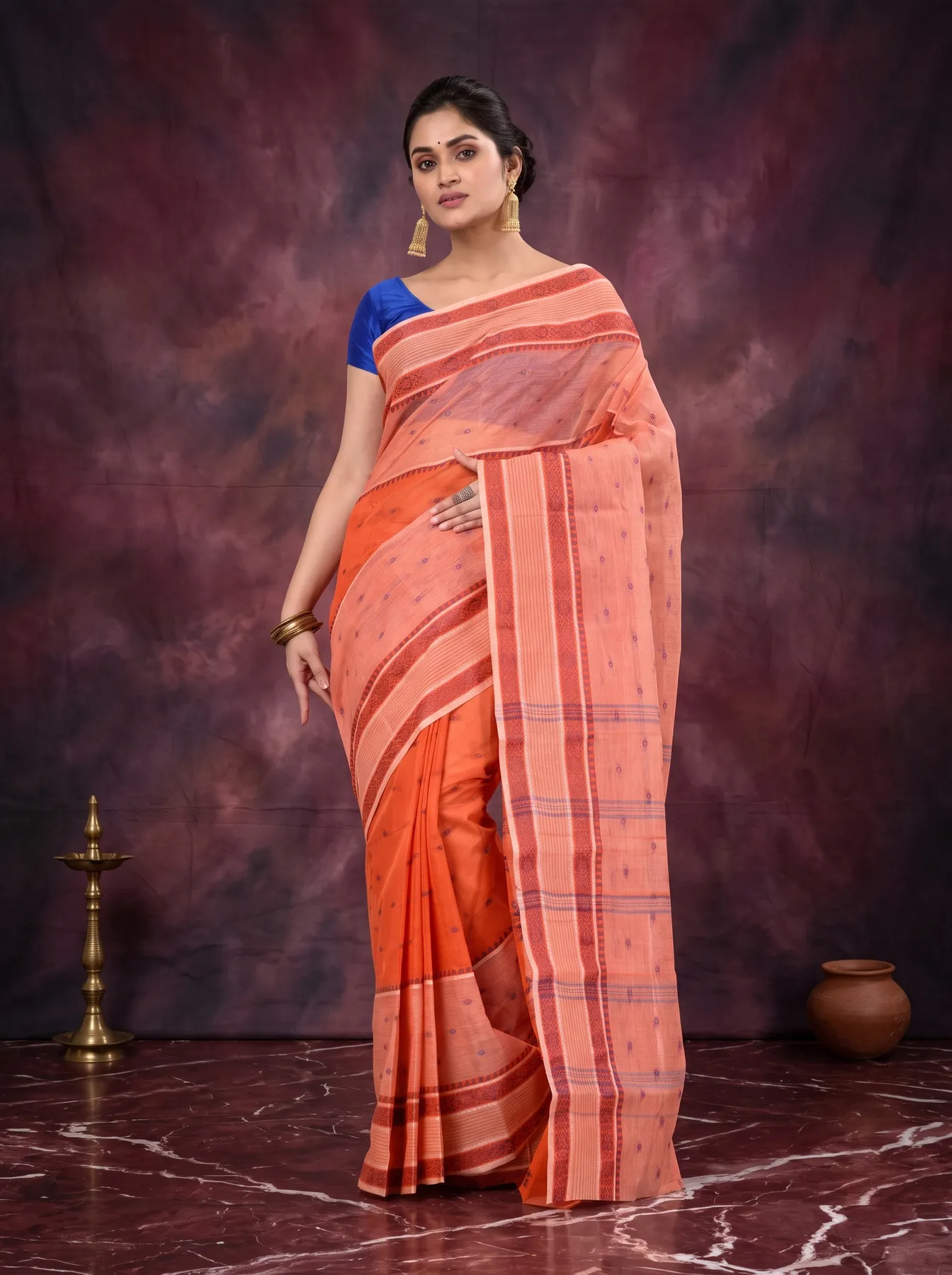 DipDiya Pure Cotton Orange Debdash Weaves with a Story Tant Sarees