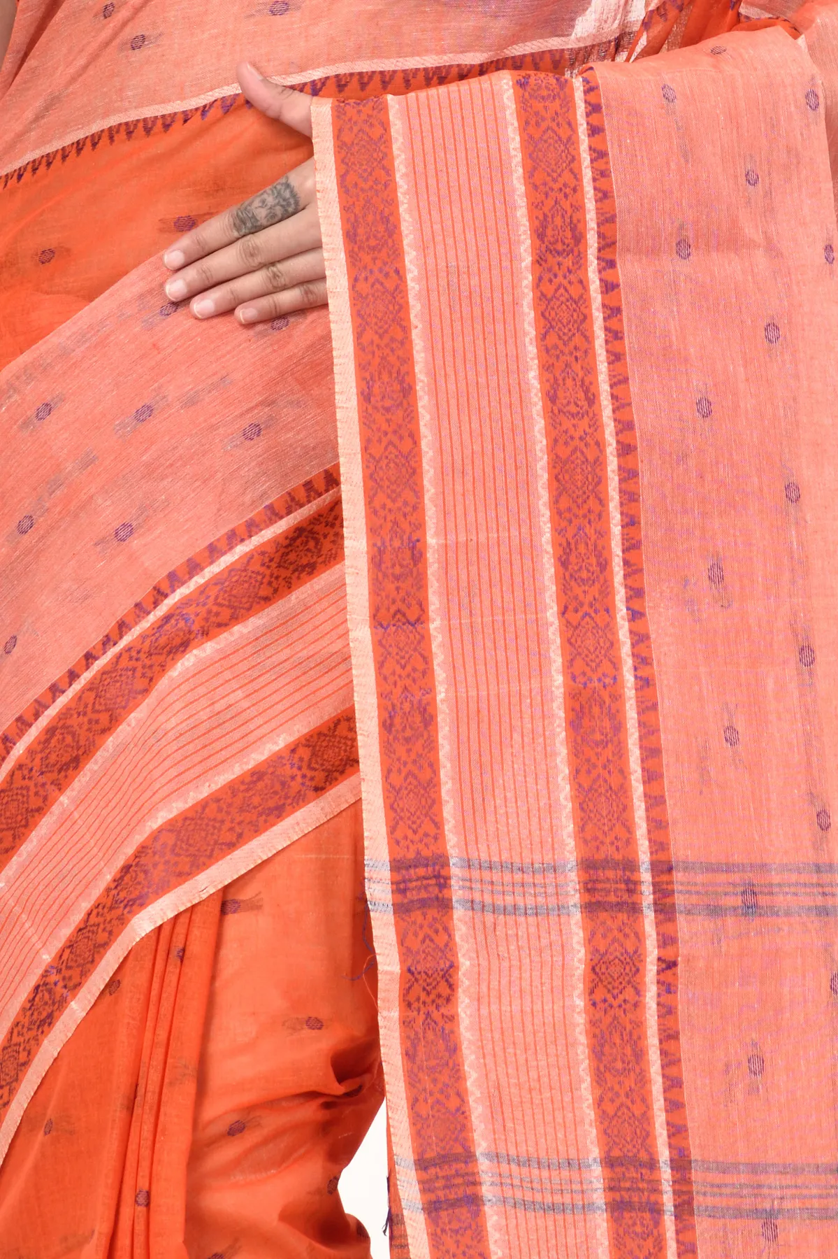 DipDiya Pure Cotton Orange Debdash Weaves with a Story Tant Sarees