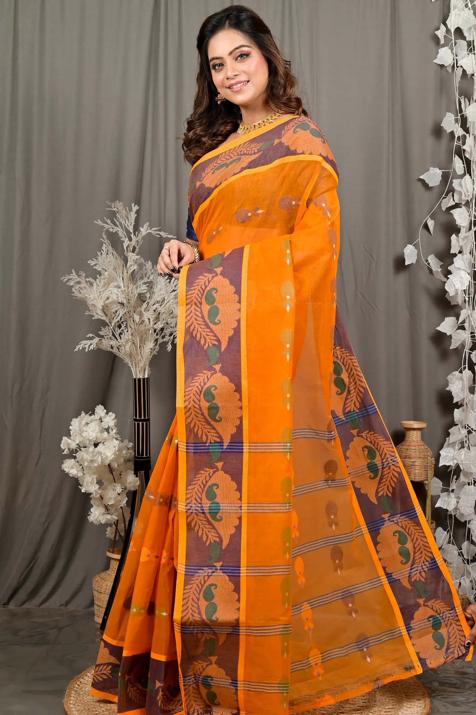 DipDiya Pure Cotton Orange Debui Crafted with Soul Tant Sarees