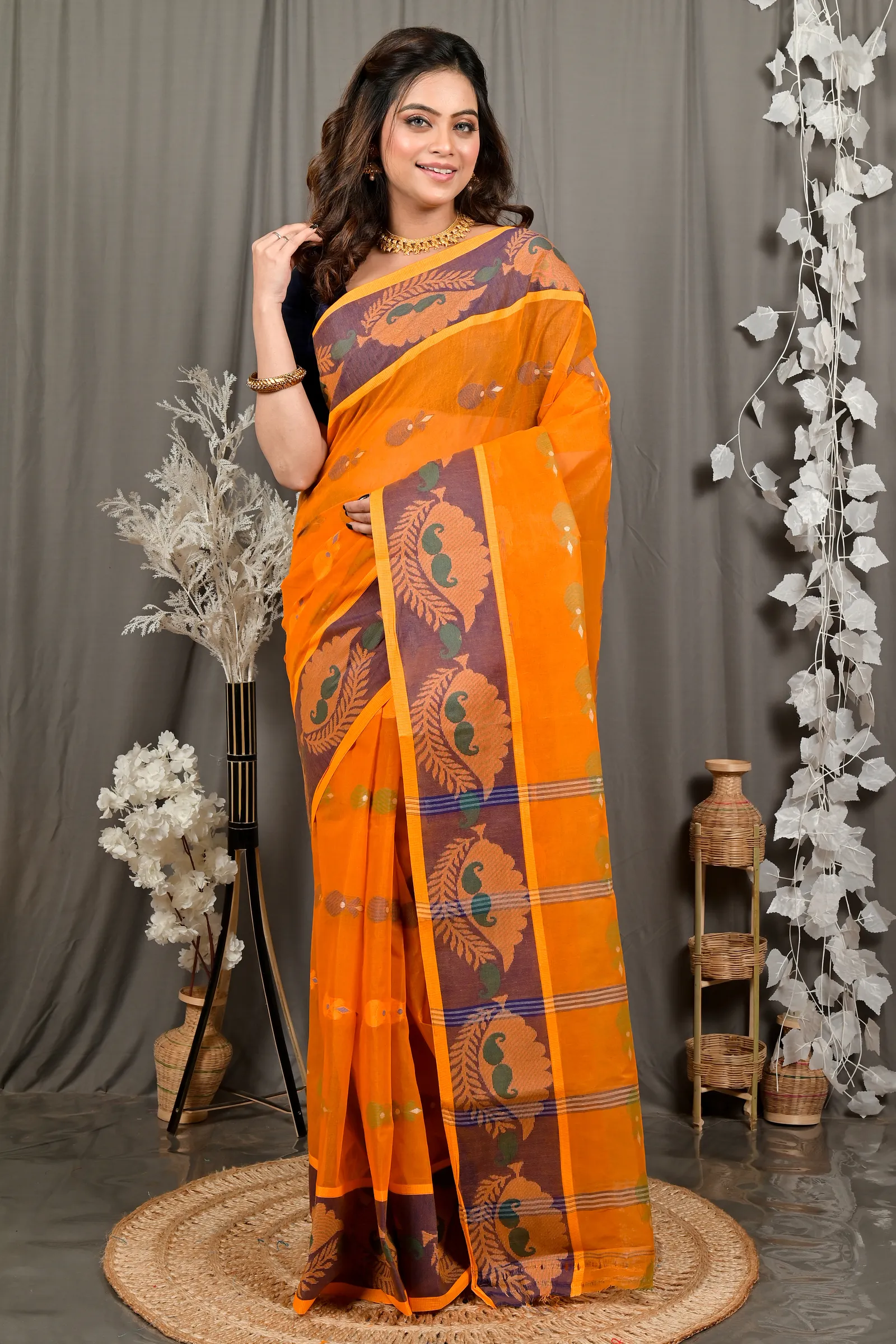 DipDiya Pure Cotton Orange Debui Crafted with Soul Tant Sarees