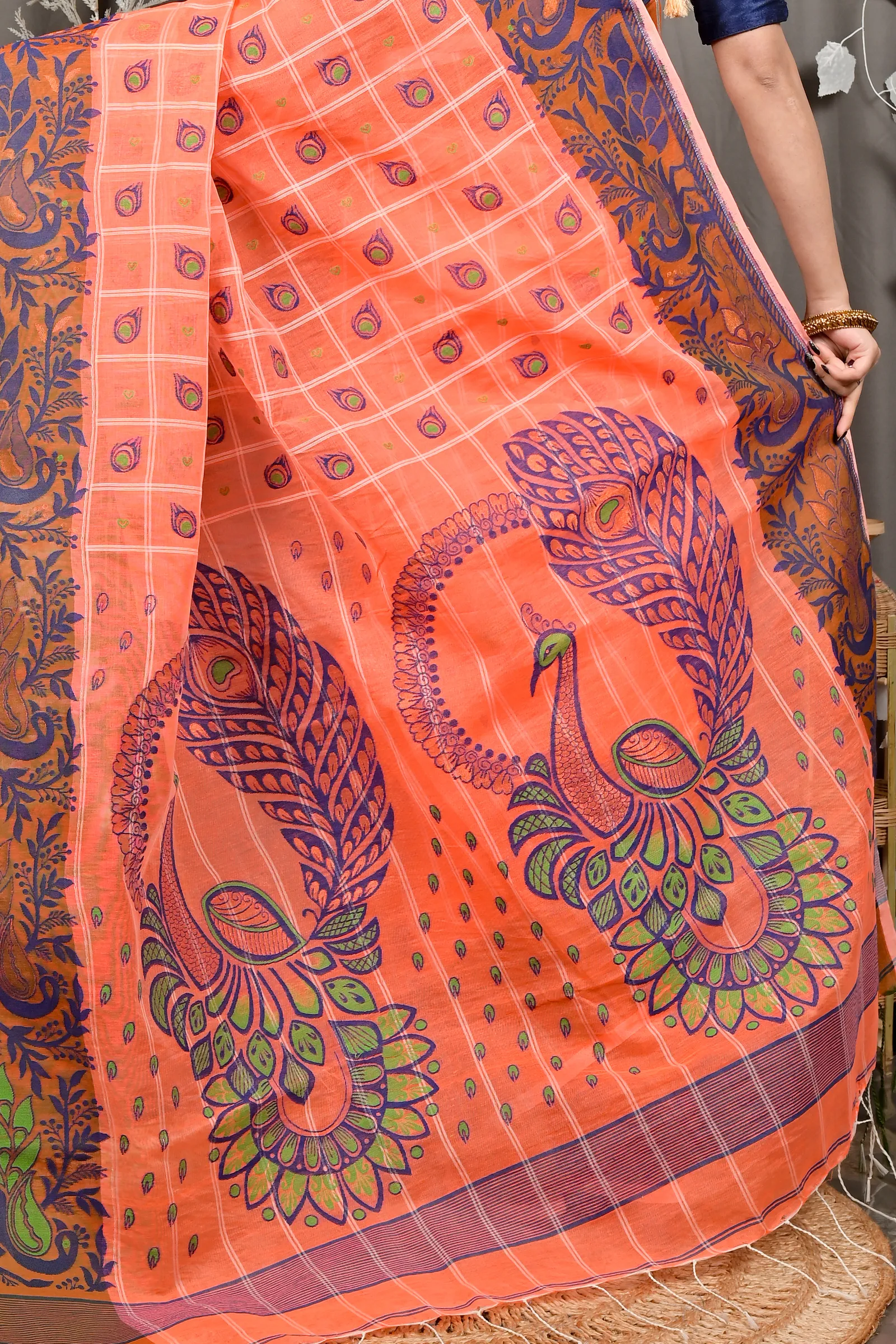 DipDiya Pure Cotton Orange Dhrubi Woven with Love Jamdani Sarees
