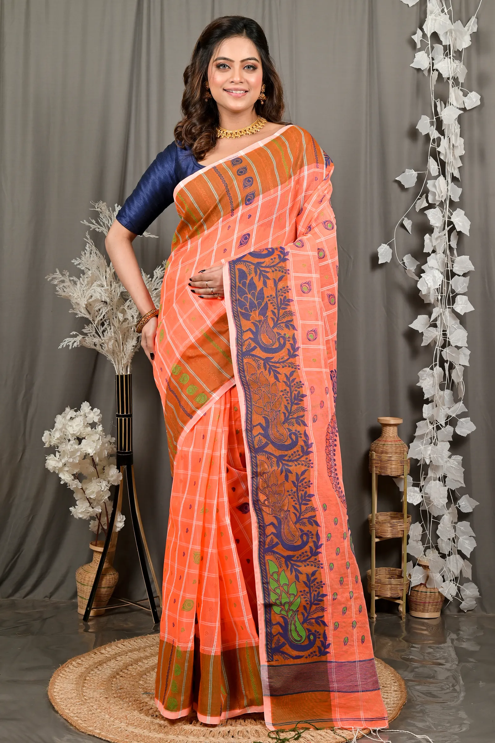DipDiya Pure Cotton Orange Dhrubi Woven with Love Jamdani Sarees