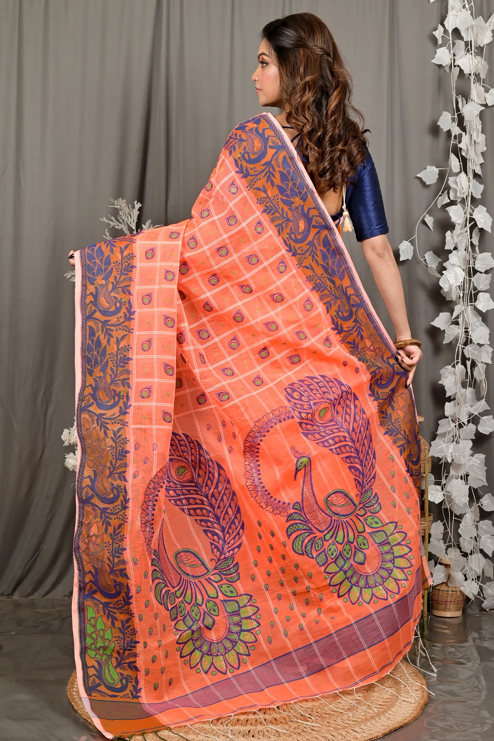 DipDiya Pure Cotton Orange Dhrubi Woven with Love Jamdani Sarees