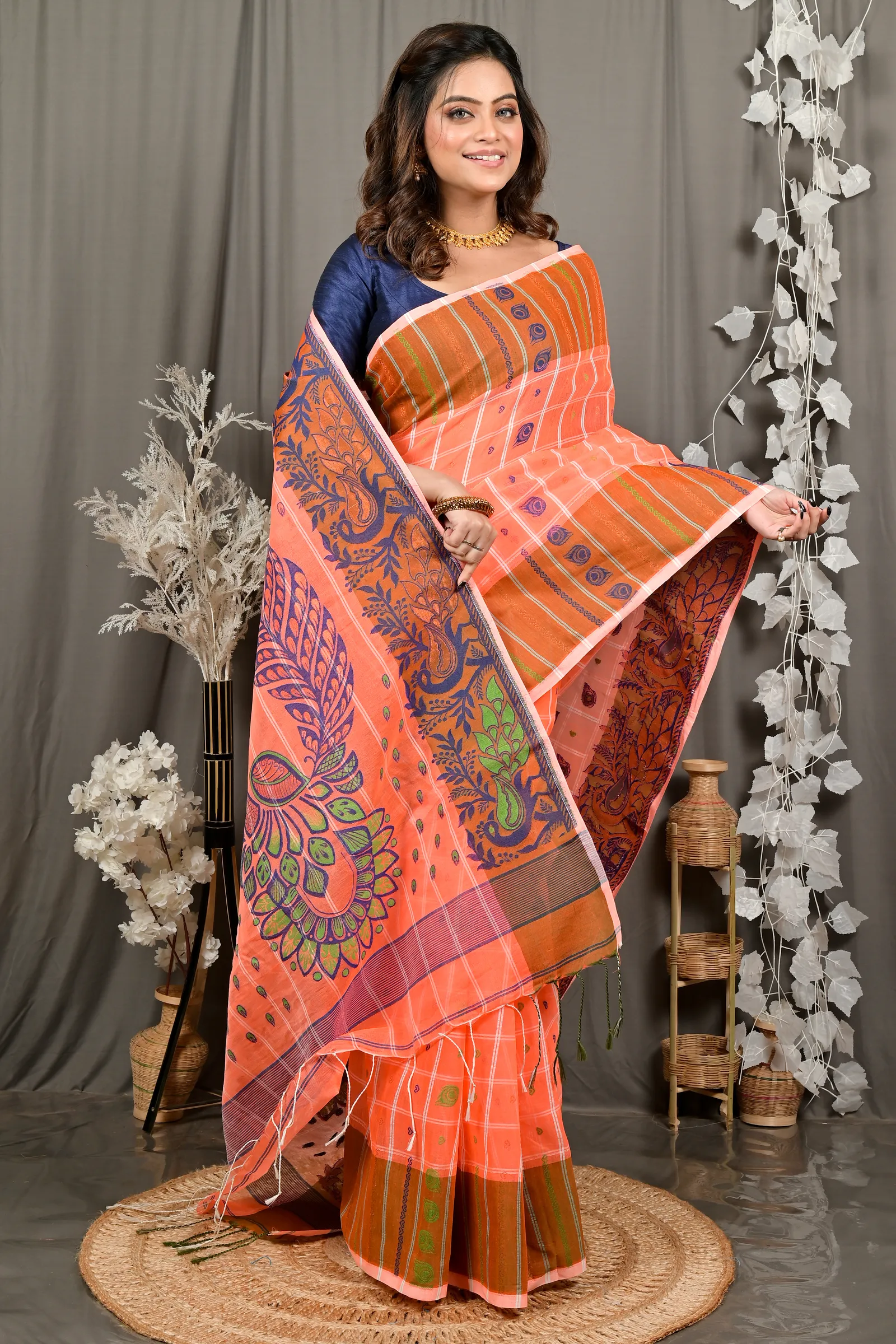 DipDiya Pure Cotton Orange Dhrubi Woven with Love Jamdani Sarees