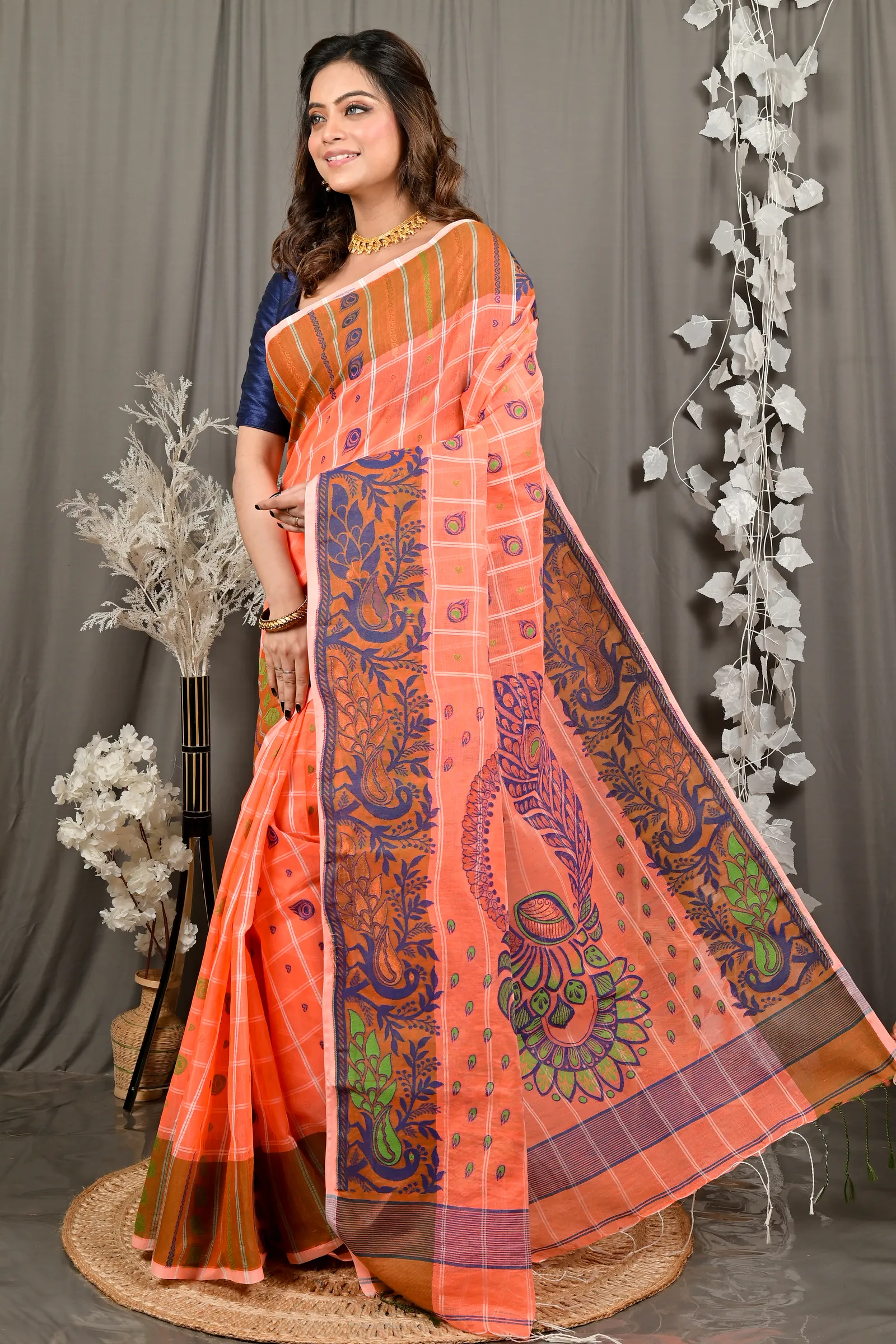 DipDiya Pure Cotton Orange Dhrubi Woven with Love Jamdani Sarees