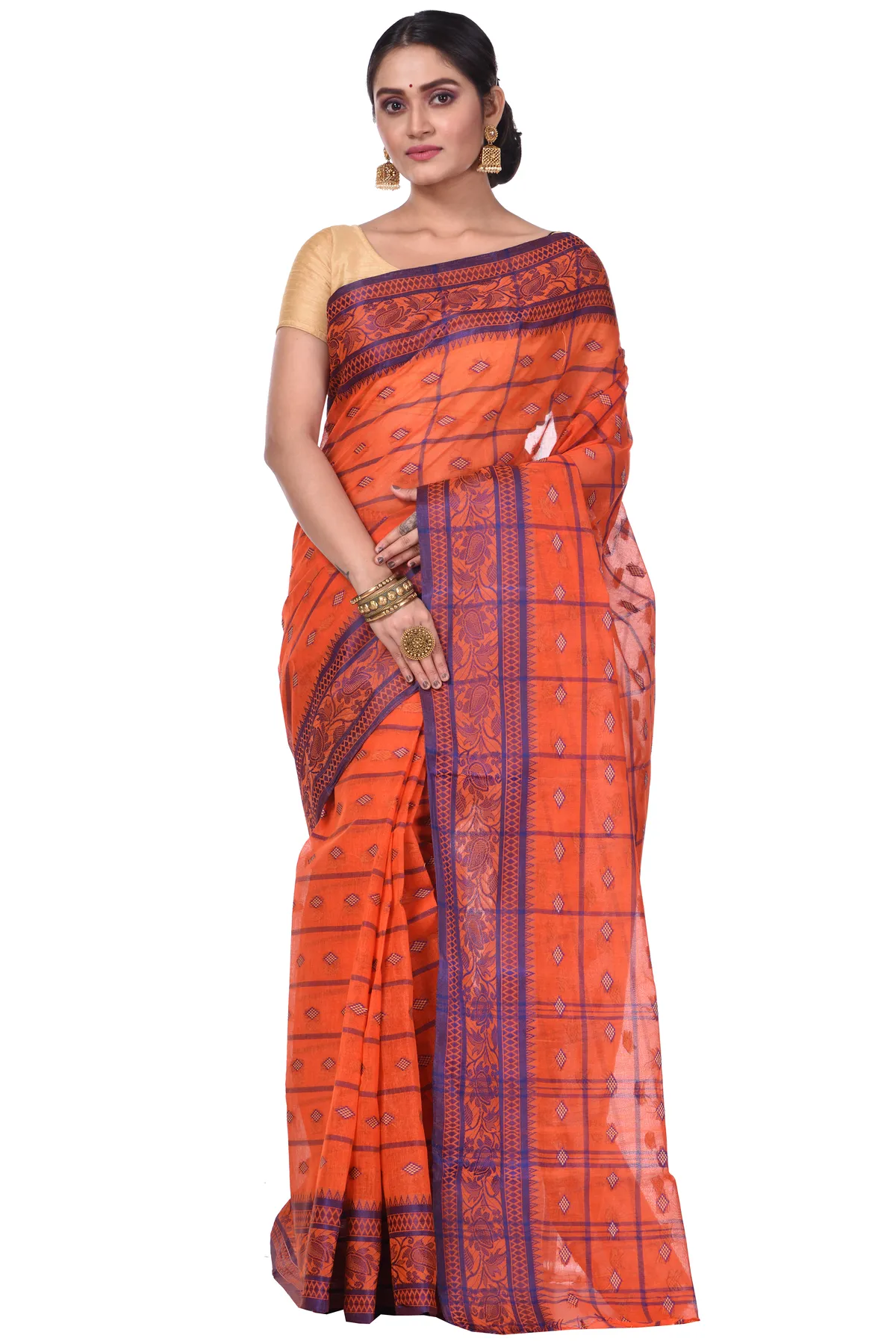 DipDiya Pure Cotton Orange Diamond Tant Heritage of Bengal Tant Sarees