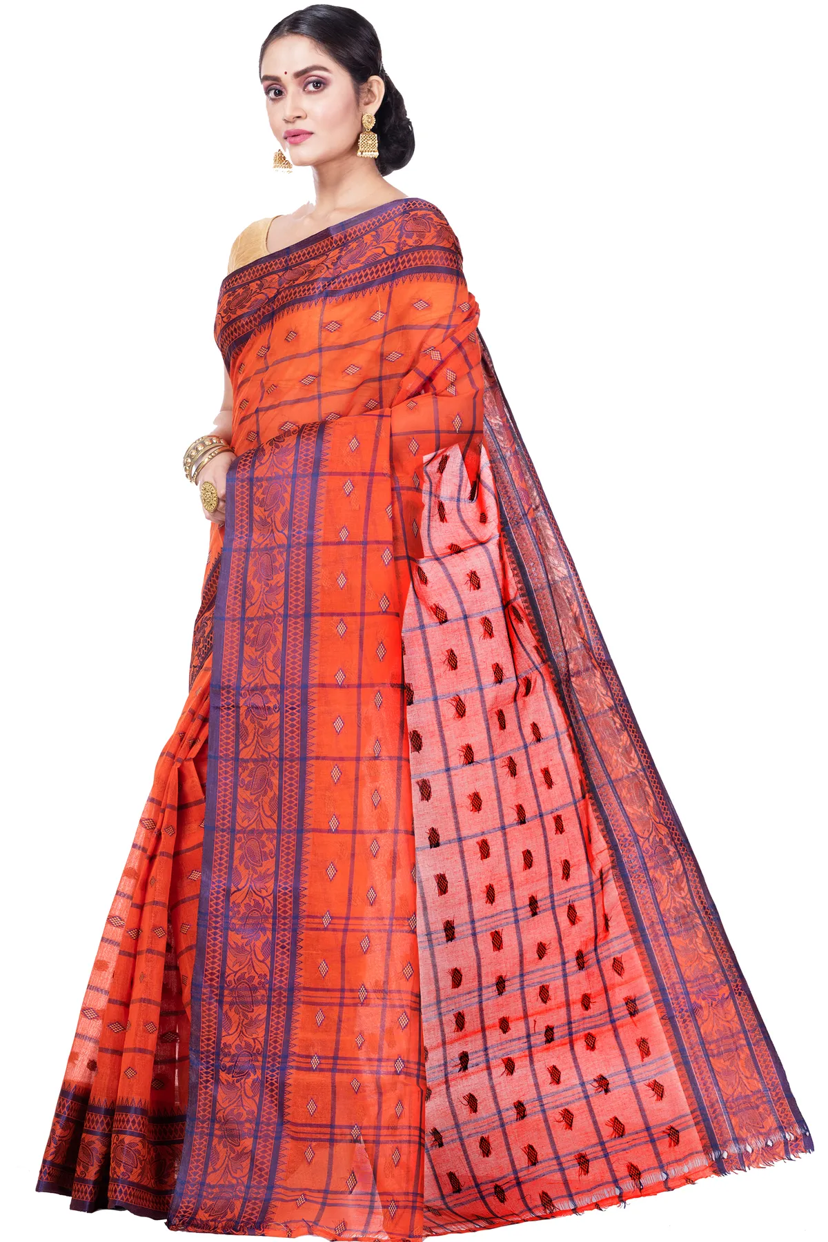 DipDiya Pure Cotton Orange Diamond Tant Heritage of Bengal Tant Sarees