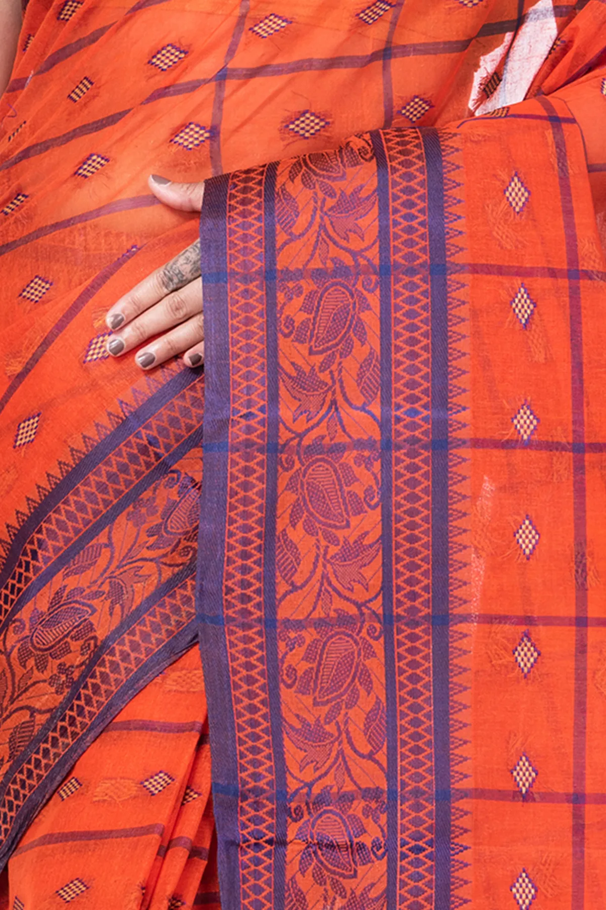 DipDiya Pure Cotton Orange Diamond Tant Heritage of Bengal Tant Sarees