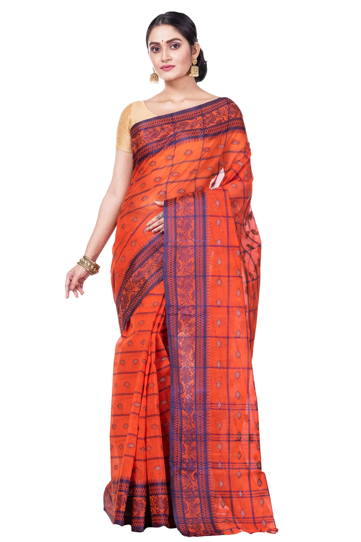 DipDiya Pure Cotton Orange Diamond Tant Heritage of Bengal Tant Sarees