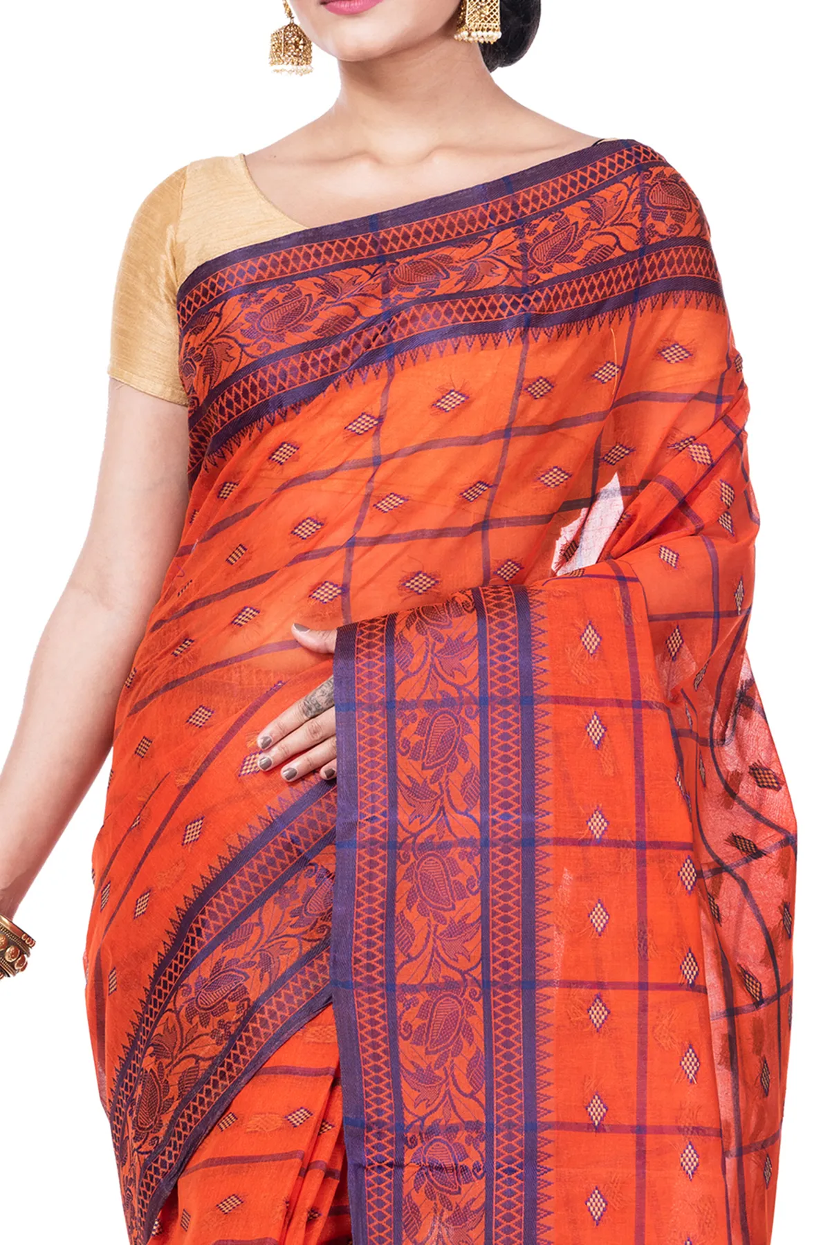 DipDiya Pure Cotton Orange Diamond Tant Heritage of Bengal Tant Sarees