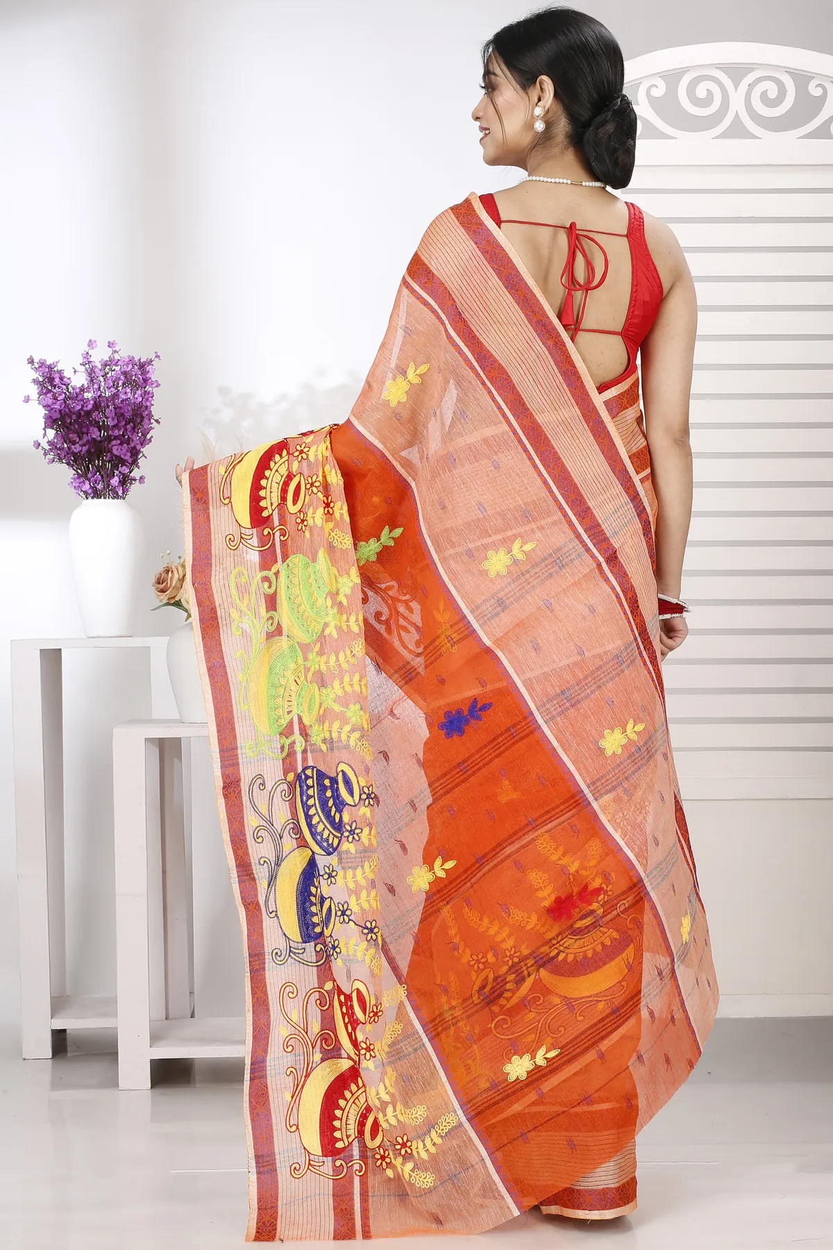 DipDiya Pure Cotton Orange Embi Debdash Ghot Weaves with a Story Embroidery Tant Sarees