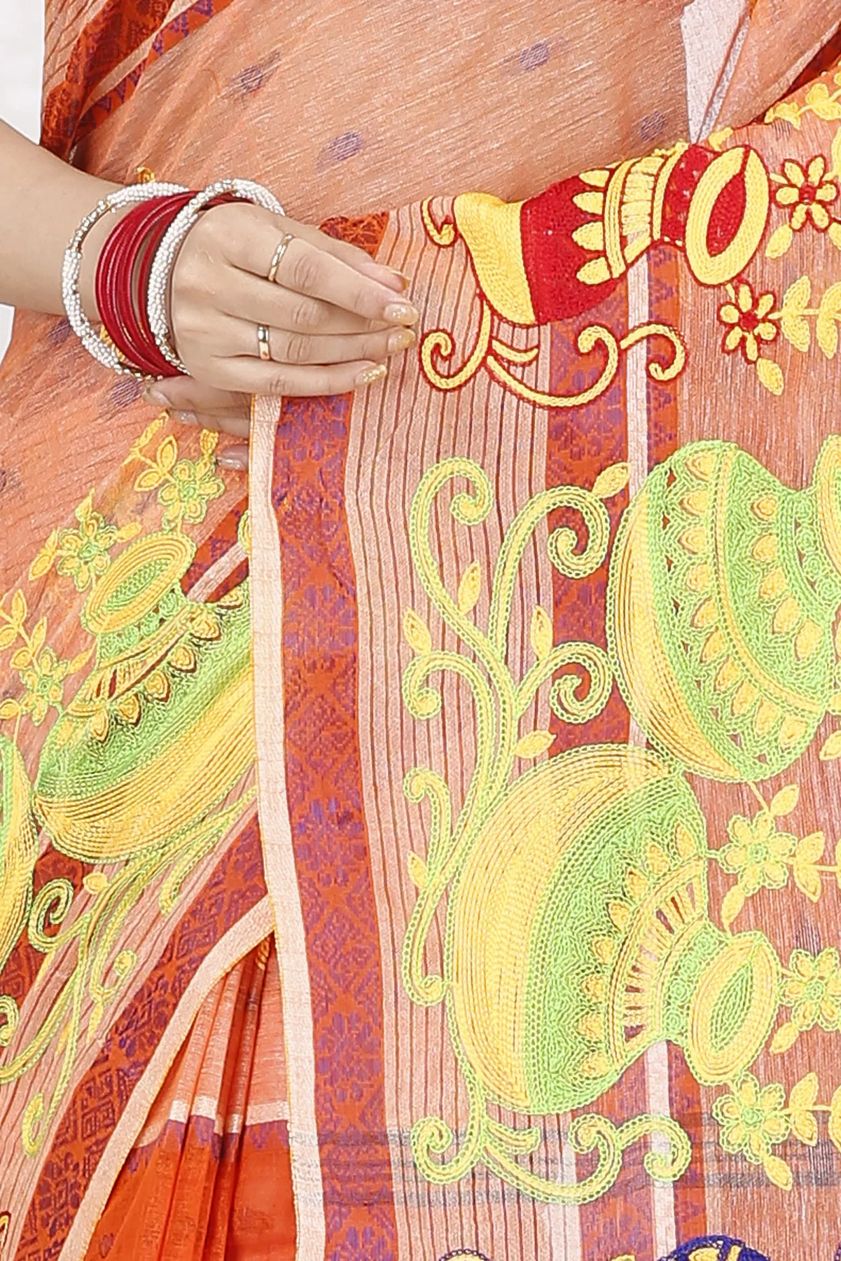 DipDiya Pure Cotton Orange Embi Debdash Ghot Weaves with a Story Embroidery Tant Sarees