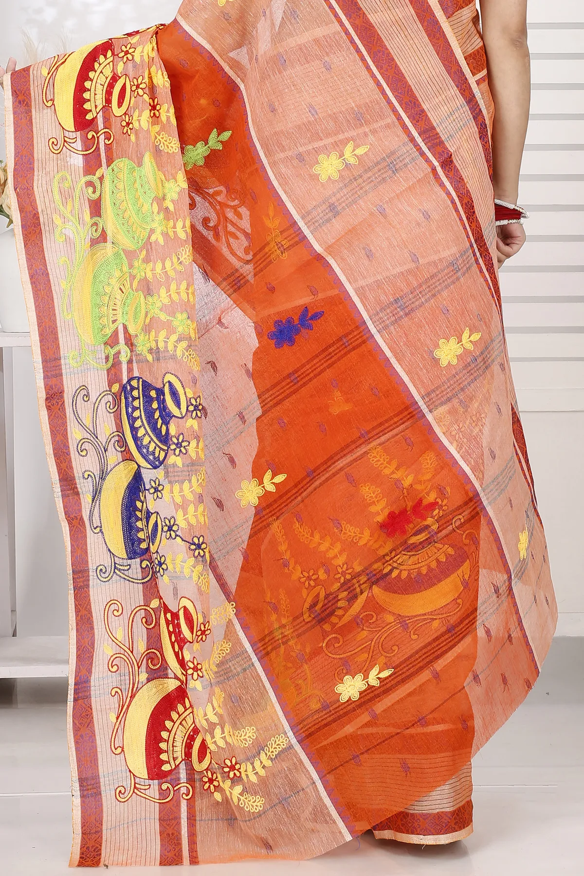 DipDiya Pure Cotton Orange Embi Debdash Ghot Weaves with a Story Embroidery Tant Sarees
