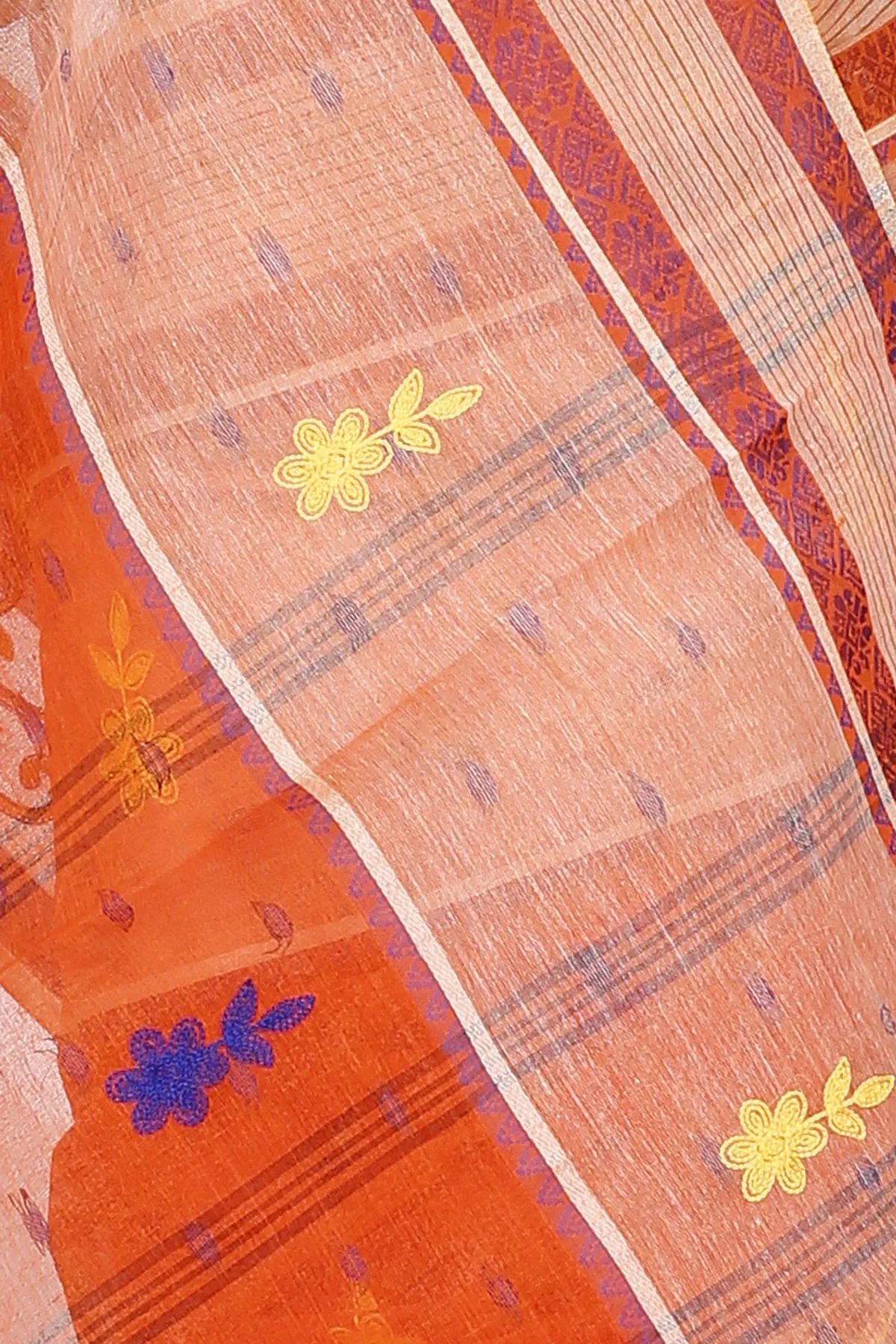 DipDiya Pure Cotton Orange Embi Debdash Ghot Weaves with a Story Embroidery Tant Sarees