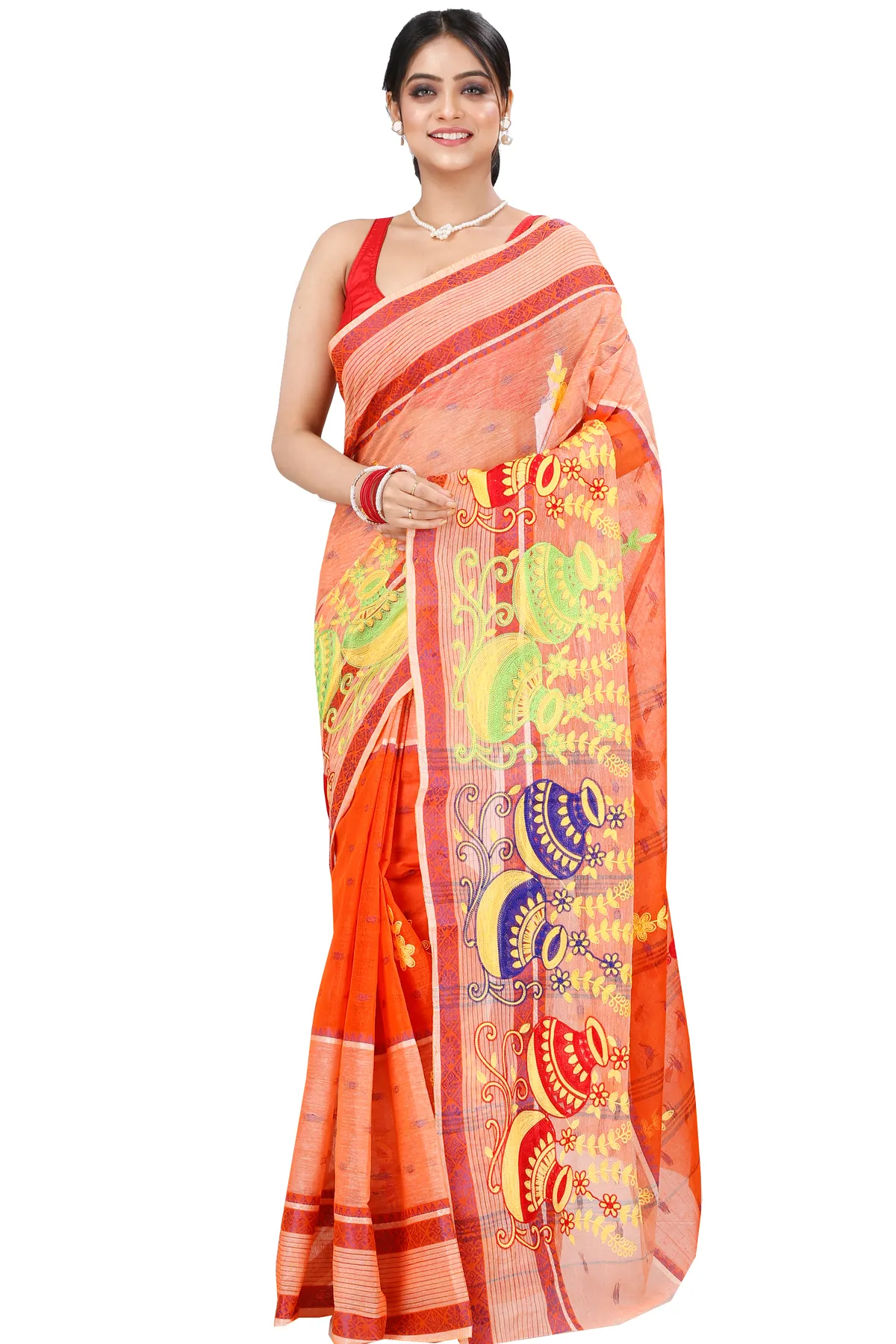 DipDiya Pure Cotton Orange Embi Debdash Ghot Weaves with a Story Embroidery Tant Sarees