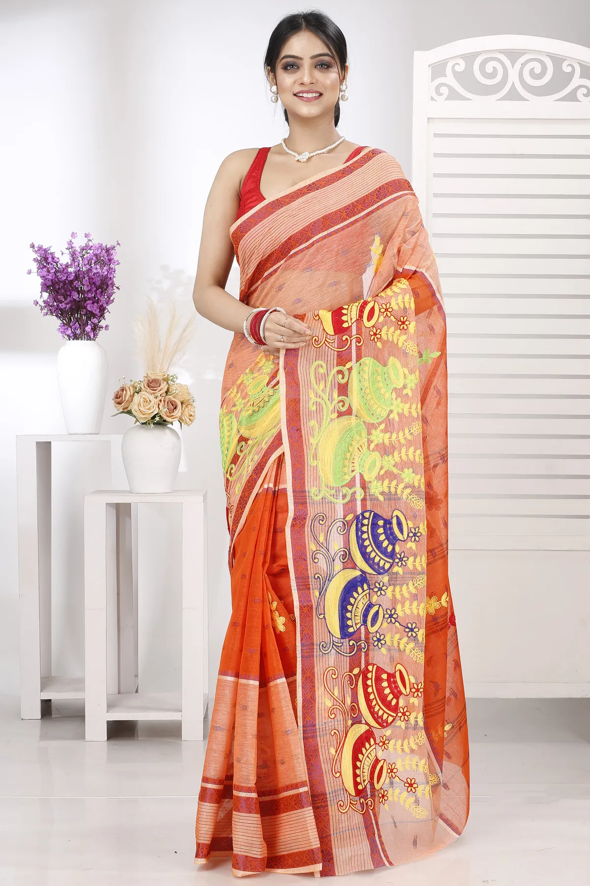 DipDiya Pure Cotton Orange Embi Debdash Ghot Weaves with a Story Embroidery Tant Sarees