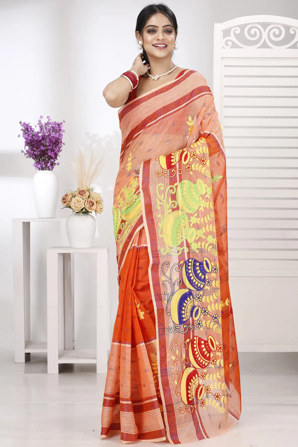 DipDiya Pure Cotton Orange Embi Debdash Ghot Weaves with a Story Embroidery Tant Sarees