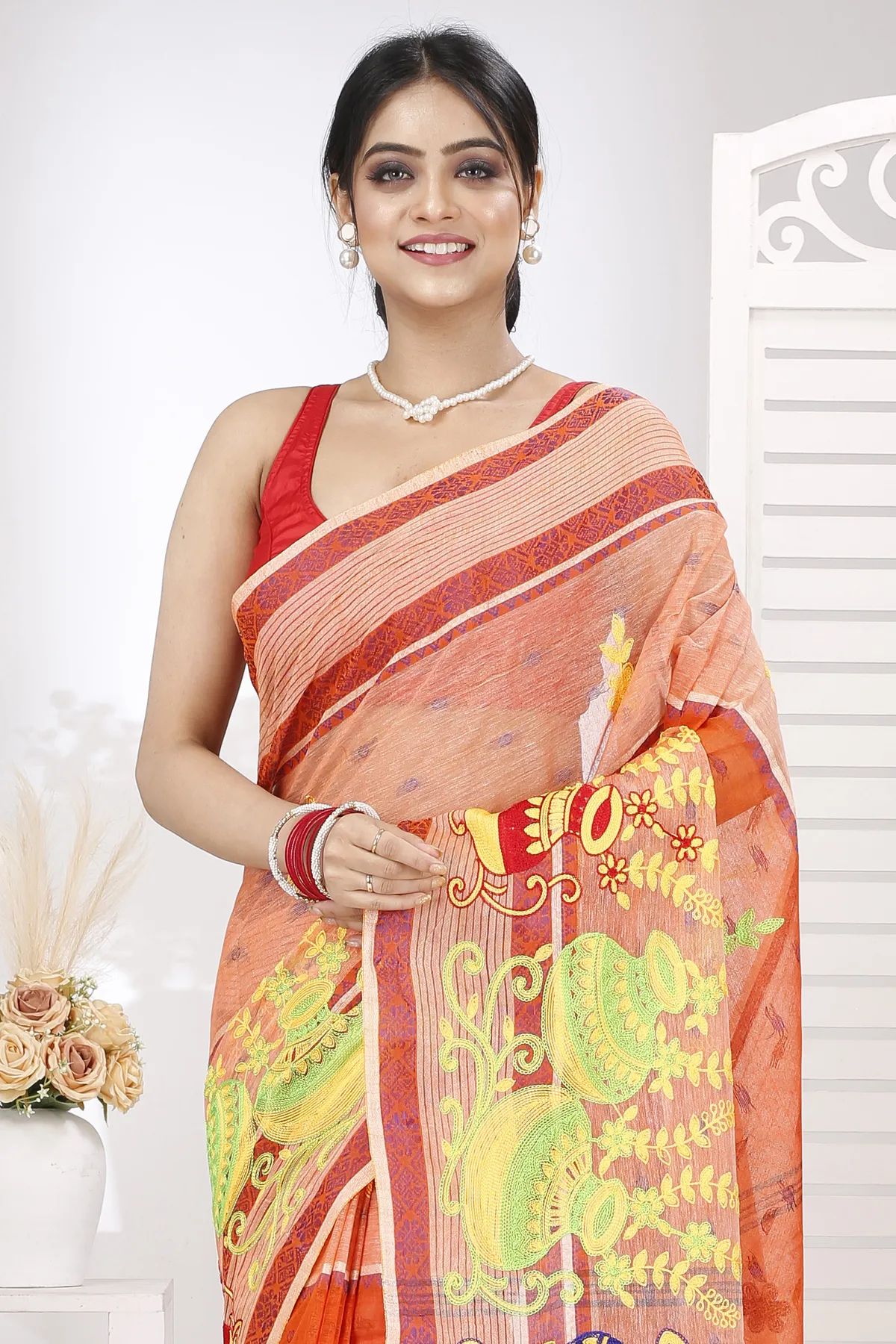 DipDiya Pure Cotton Orange Embi Debdash Ghot Weaves with a Story Embroidery Tant Sarees