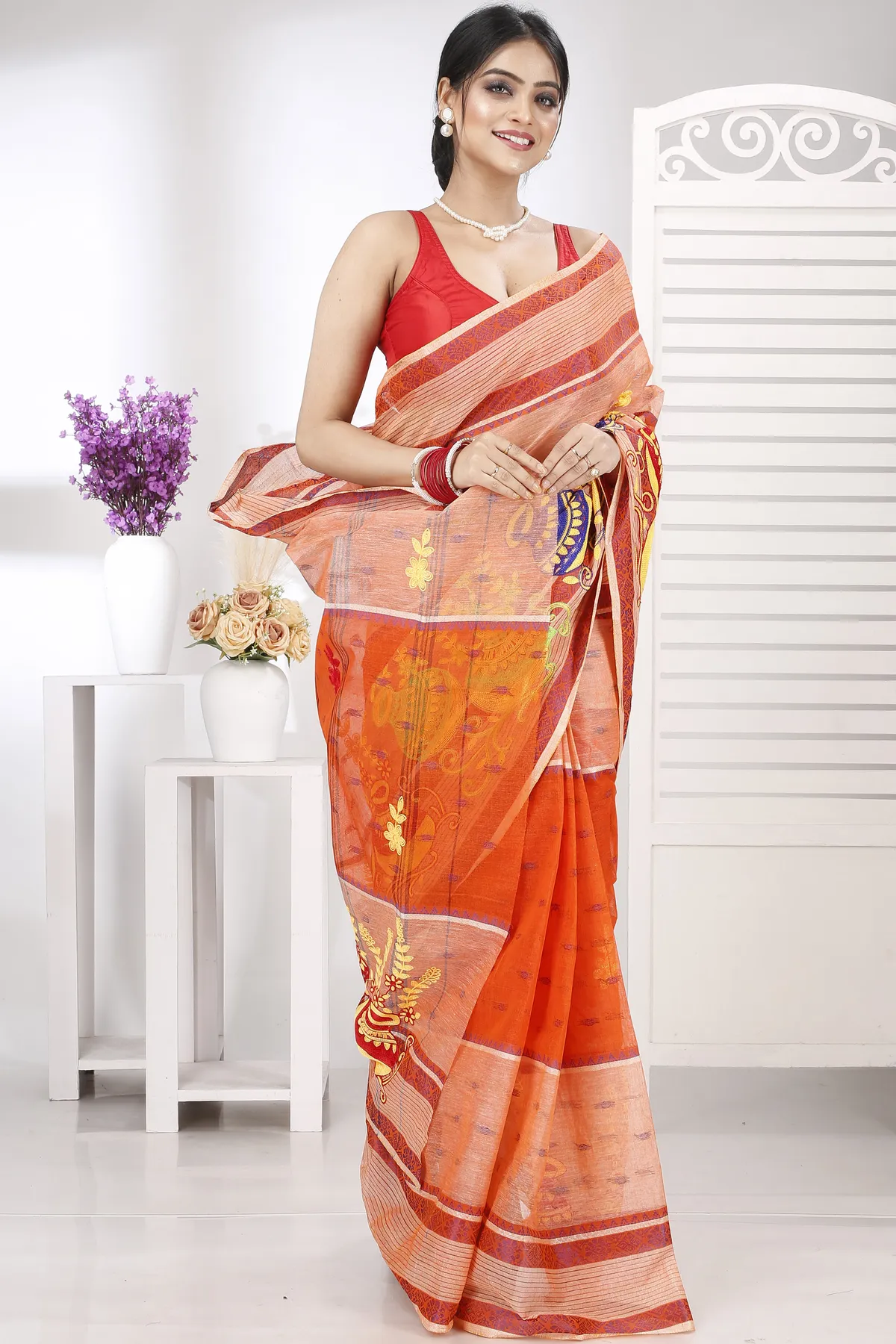 DipDiya Pure Cotton Orange Embi Debdash Ghot Weaves with a Story Embroidery Tant Sarees