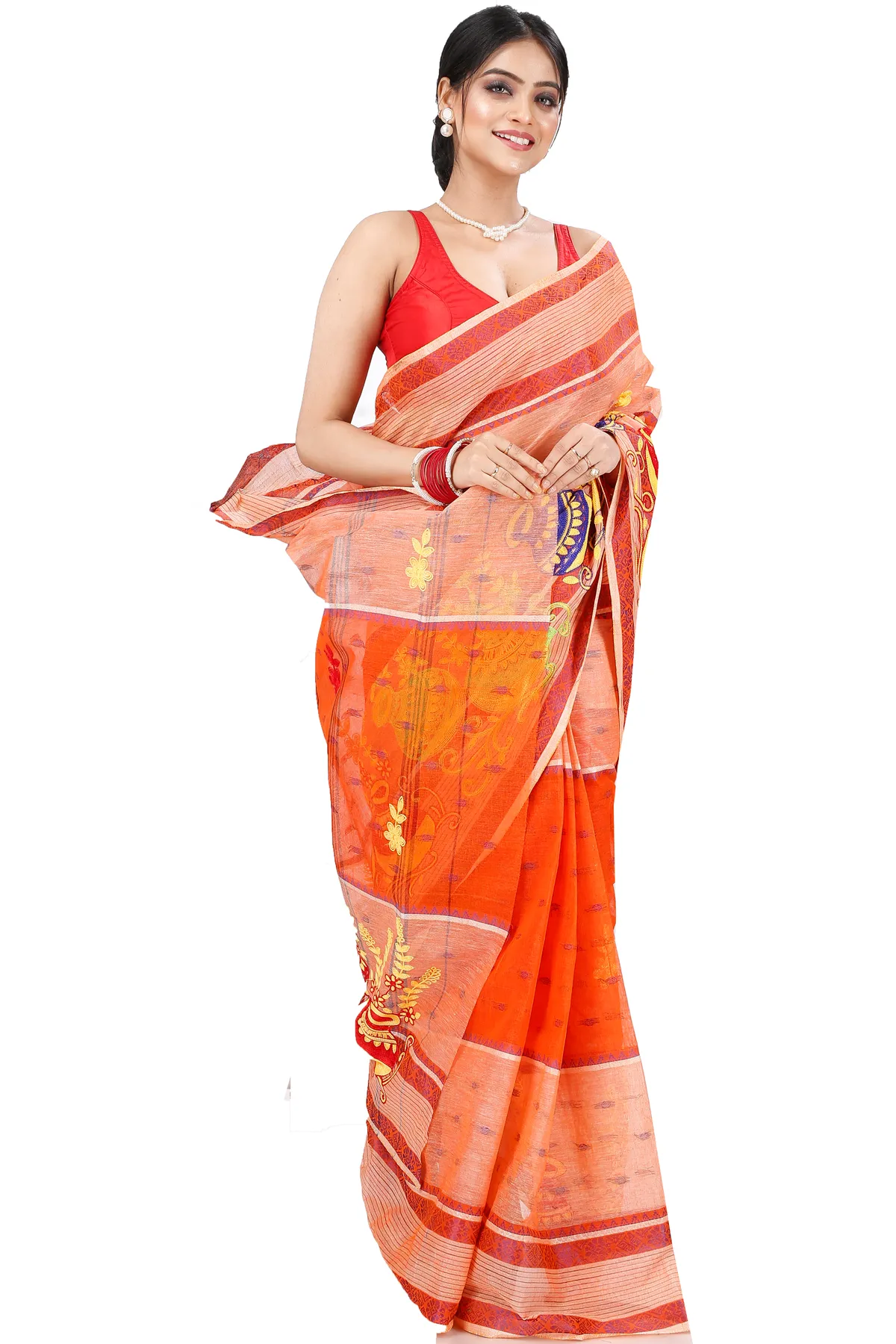 DipDiya Pure Cotton Orange Embi Debdash Ghot Weaves with a Story Embroidery Tant Sarees