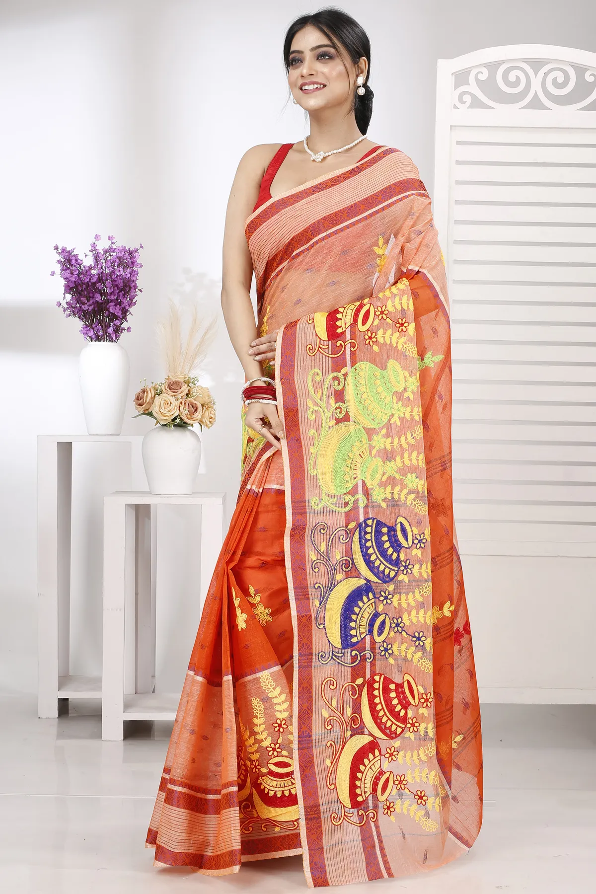 DipDiya Pure Cotton Orange Embi Debdash Ghot Weaves with a Story Embroidery Tant Sarees