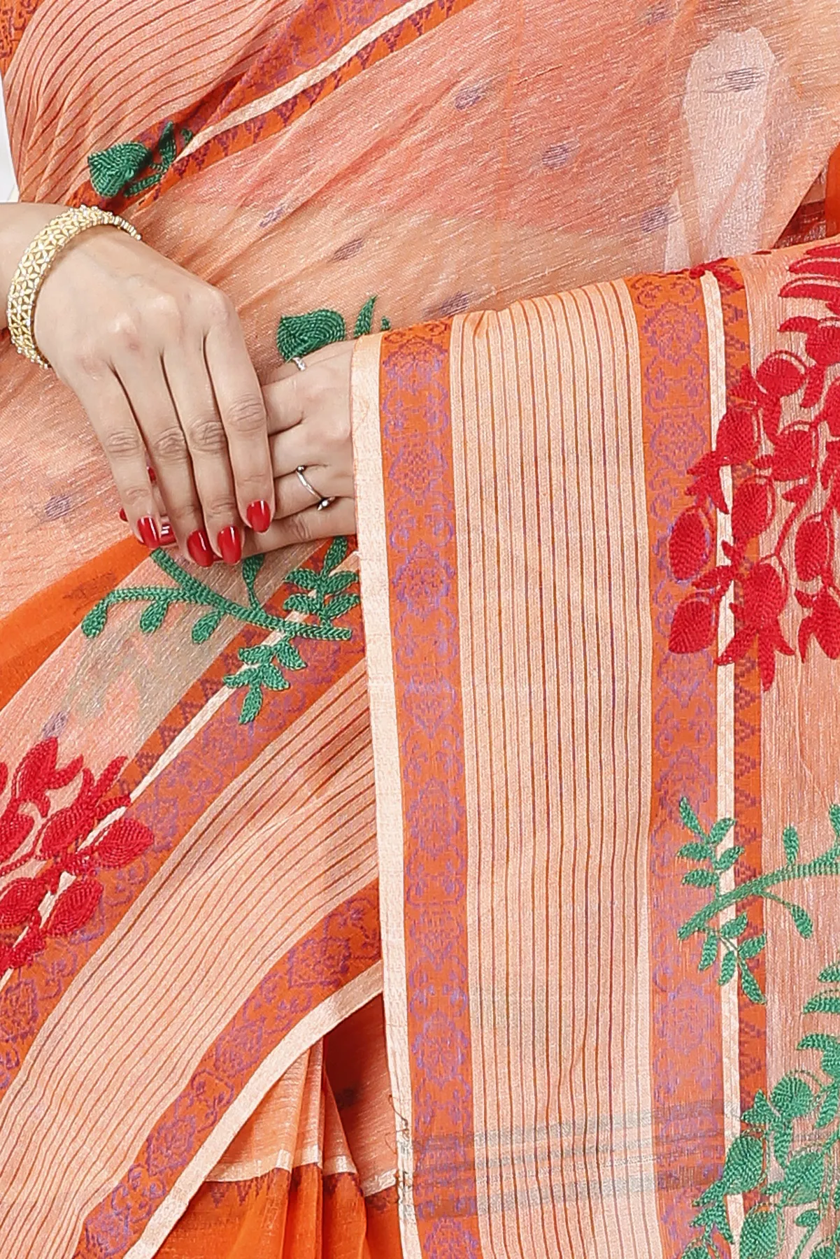 DipDiya Pure Cotton Orange Embi Debdash Moyur Traditional Bengali Embroidery Tant Sarees