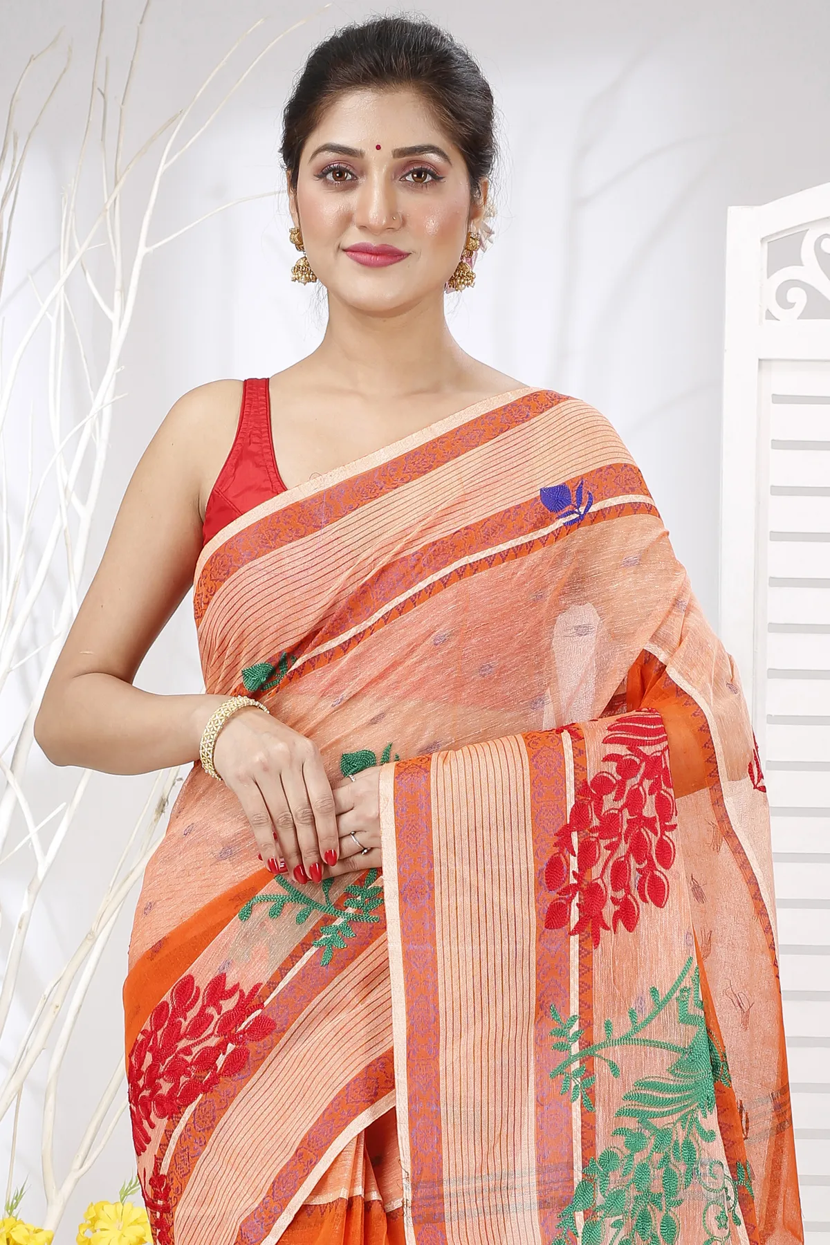 DipDiya Pure Cotton Orange Embi Debdash Moyur Traditional Bengali Embroidery Tant Sarees