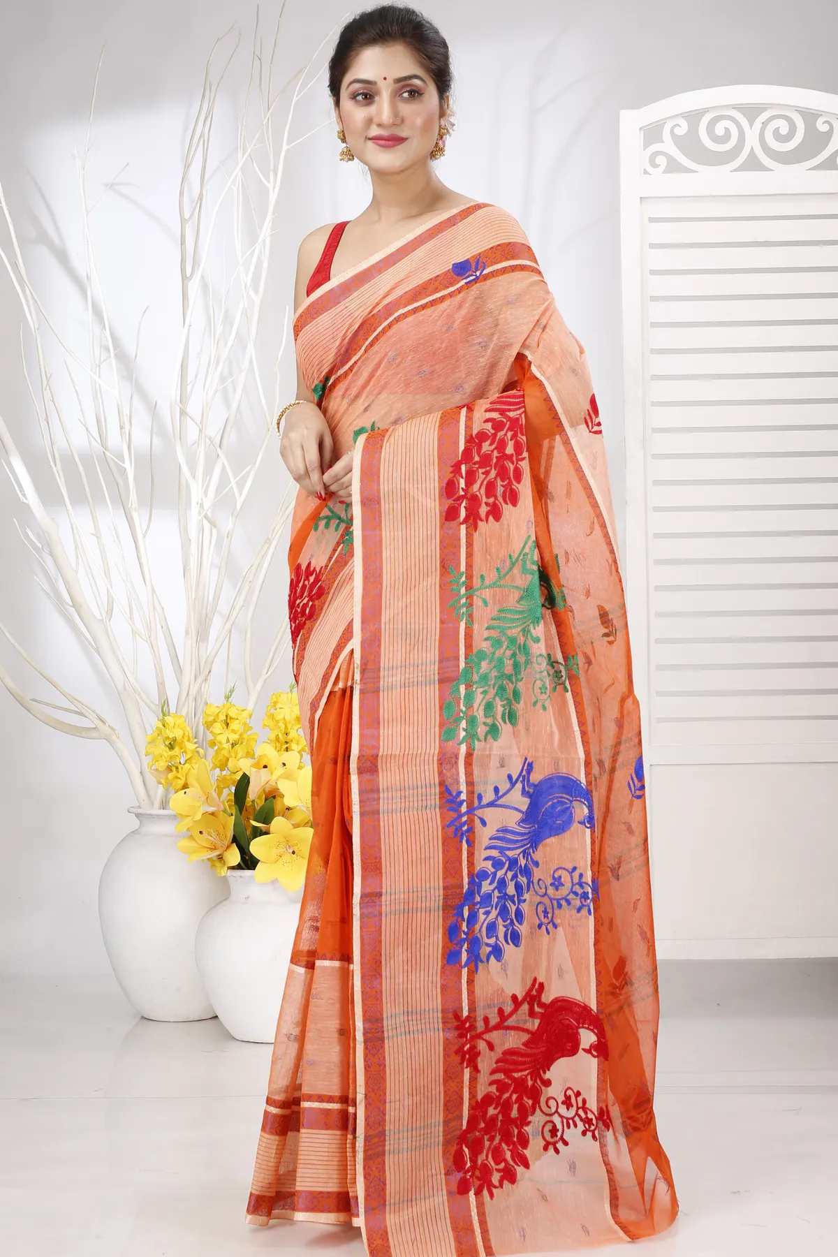 DipDiya Pure Cotton Orange Embi Debdash Moyur Traditional Bengali Embroidery Tant Sarees