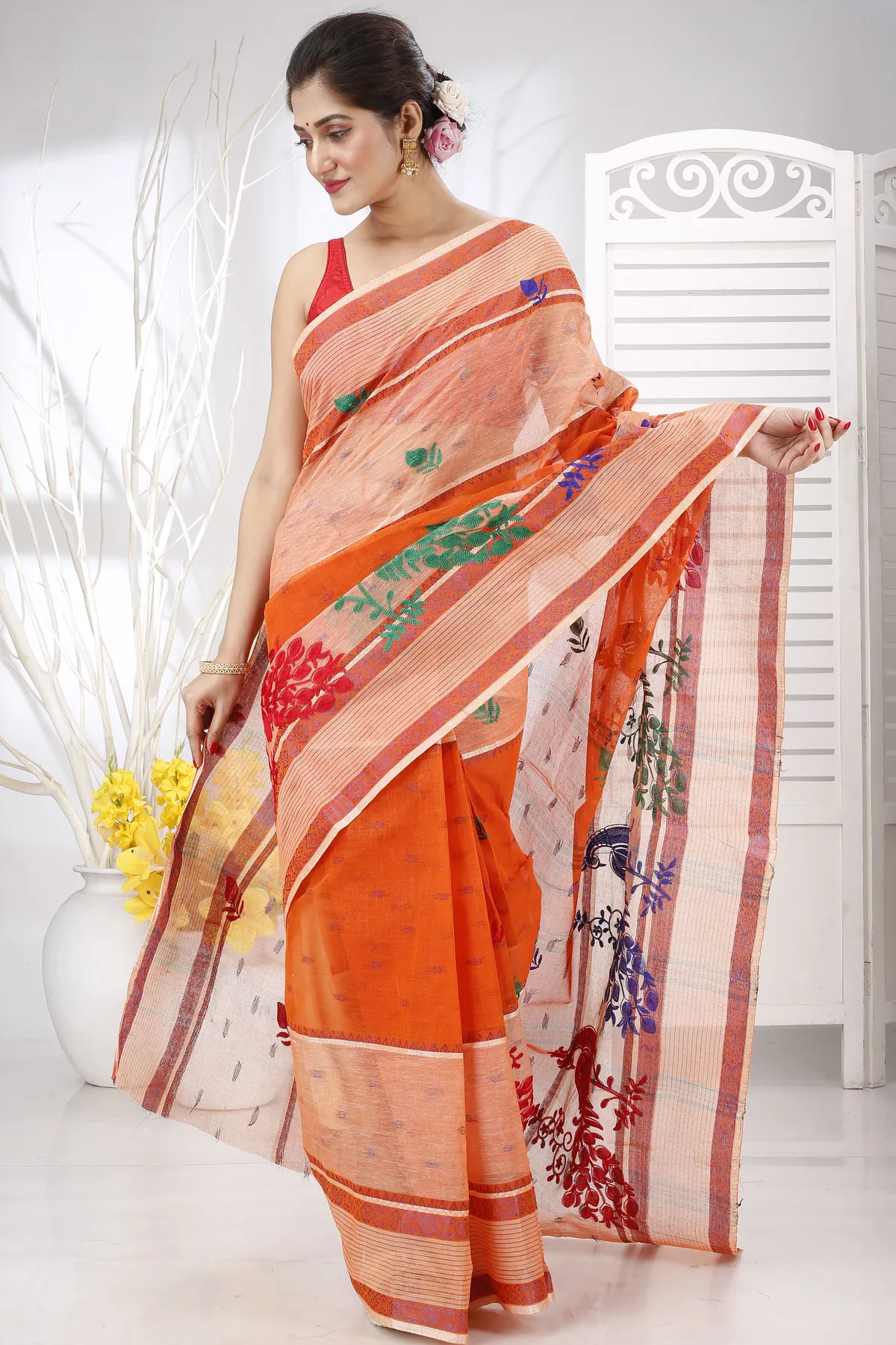DipDiya Pure Cotton Orange Embi Debdash Moyur Traditional Bengali Embroidery Tant Sarees