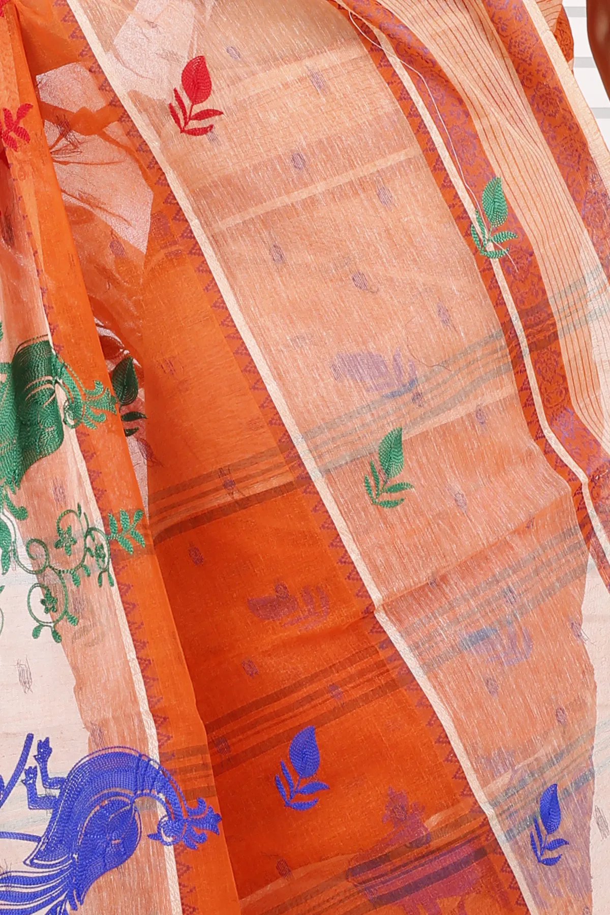 DipDiya Pure Cotton Orange Embi Debdash Moyur Traditional Bengali Embroidery Tant Sarees
