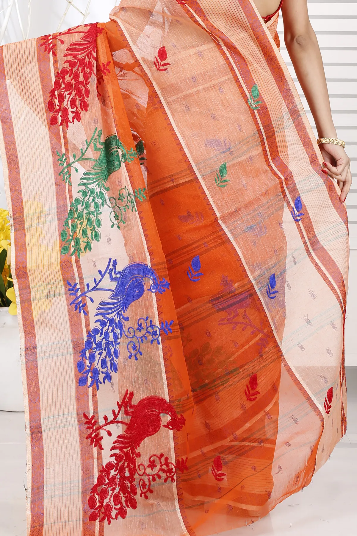 DipDiya Pure Cotton Orange Embi Debdash Moyur Traditional Bengali Embroidery Tant Sarees