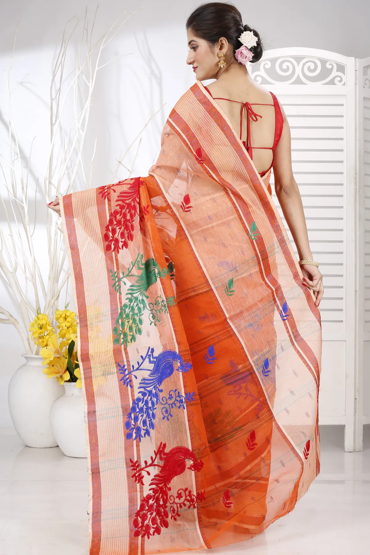 DipDiya Pure Cotton Orange Embi Debdash Moyur Traditional Bengali Embroidery Tant Sarees