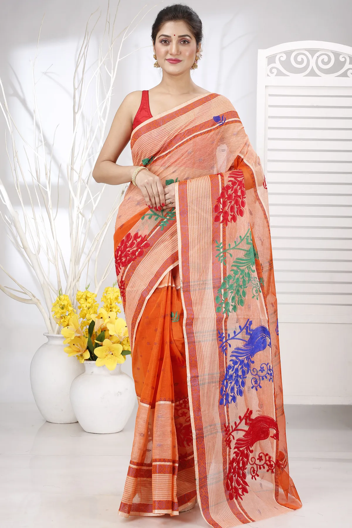 DipDiya Pure Cotton Orange Embi Debdash Moyur Traditional Bengali Embroidery Tant Sarees