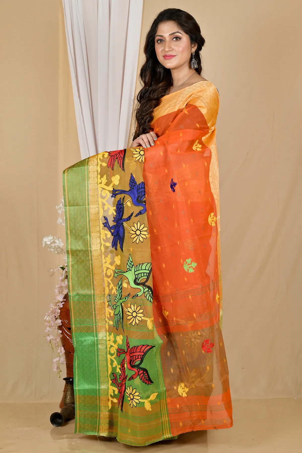 DipDiya Pure Cotton Orange Embi Ganga Bok Bengali Heritage Embroidery Tant Sarees