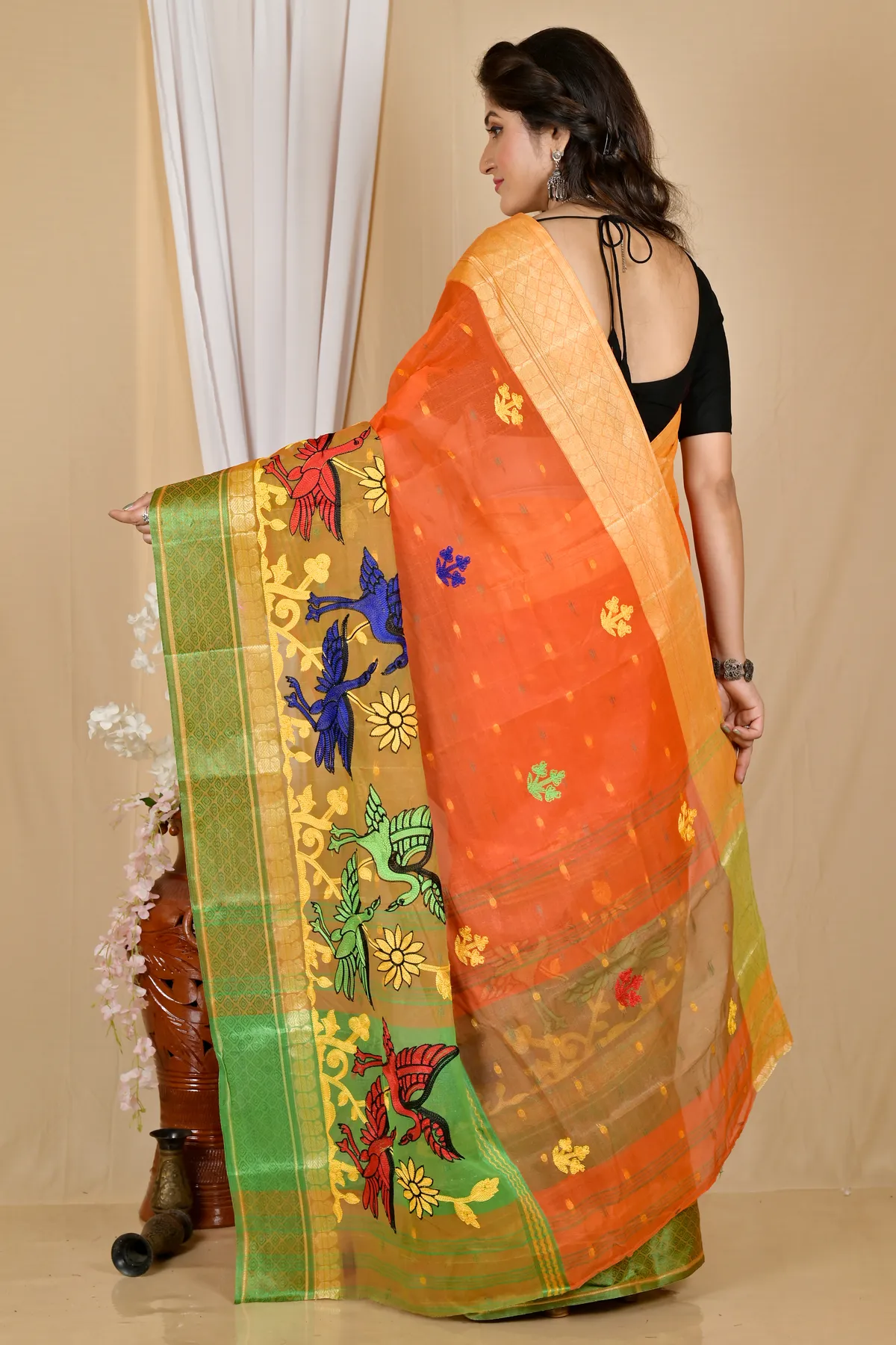 DipDiya Pure Cotton Orange Embi Ganga Bok Bengali Heritage Embroidery Tant Sarees