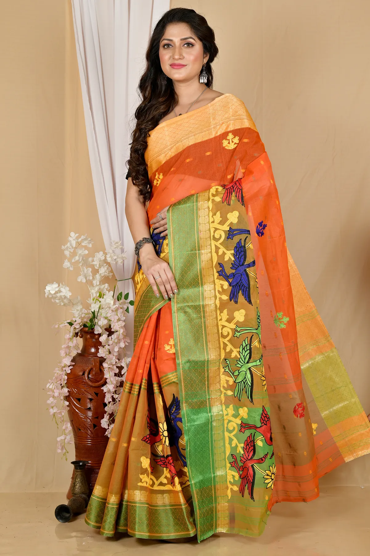 DipDiya Pure Cotton Orange Embi Ganga Bok Bengali Heritage Embroidery Tant Sarees