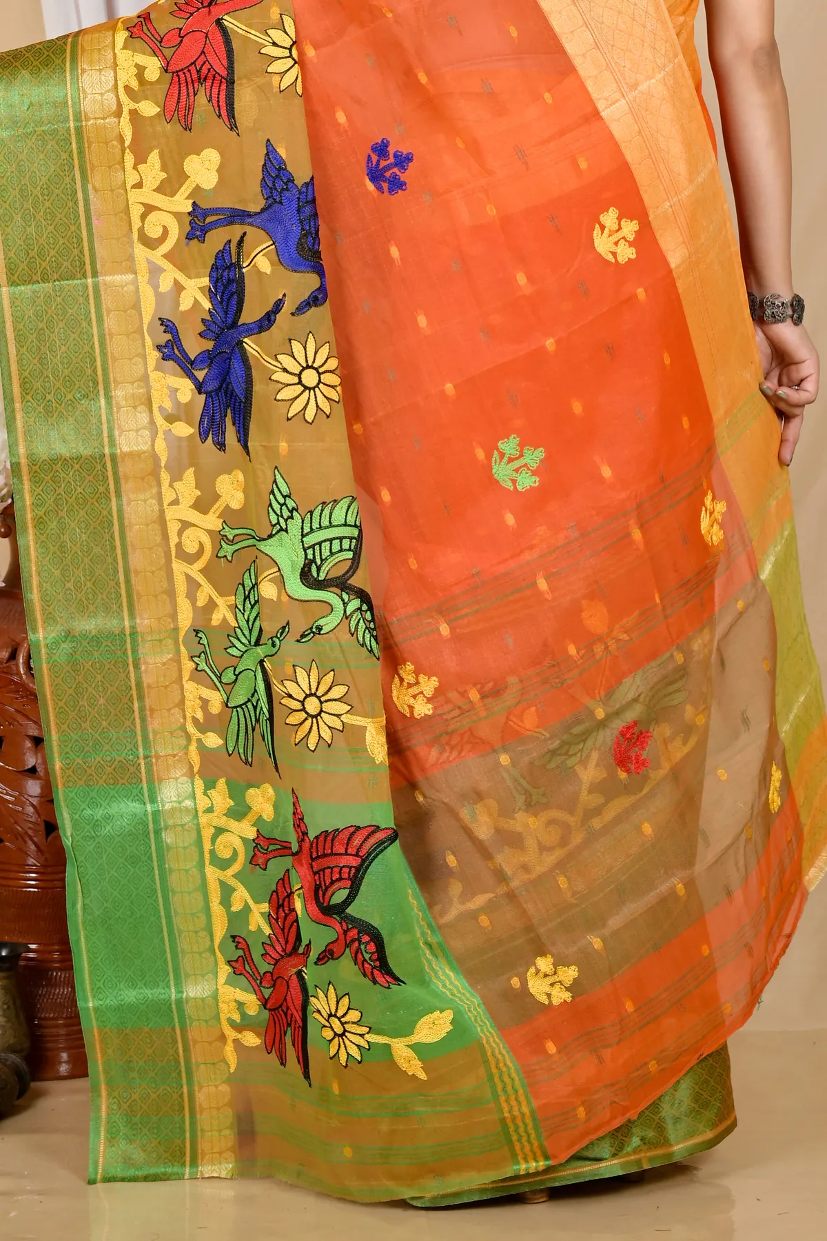 DipDiya Pure Cotton Orange Embi Ganga Bok Bengali Heritage Embroidery Tant Sarees