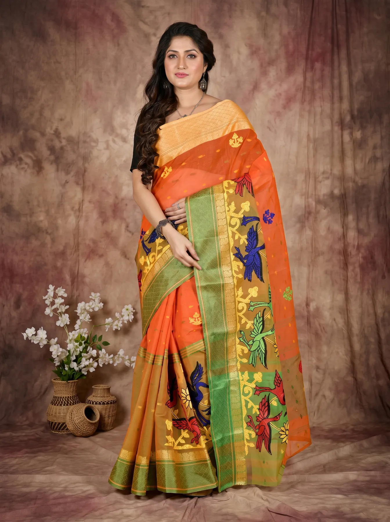 DipDiya Pure Cotton Orange Embi Ganga Bok Bengali Heritage Embroidery Tant Sarees