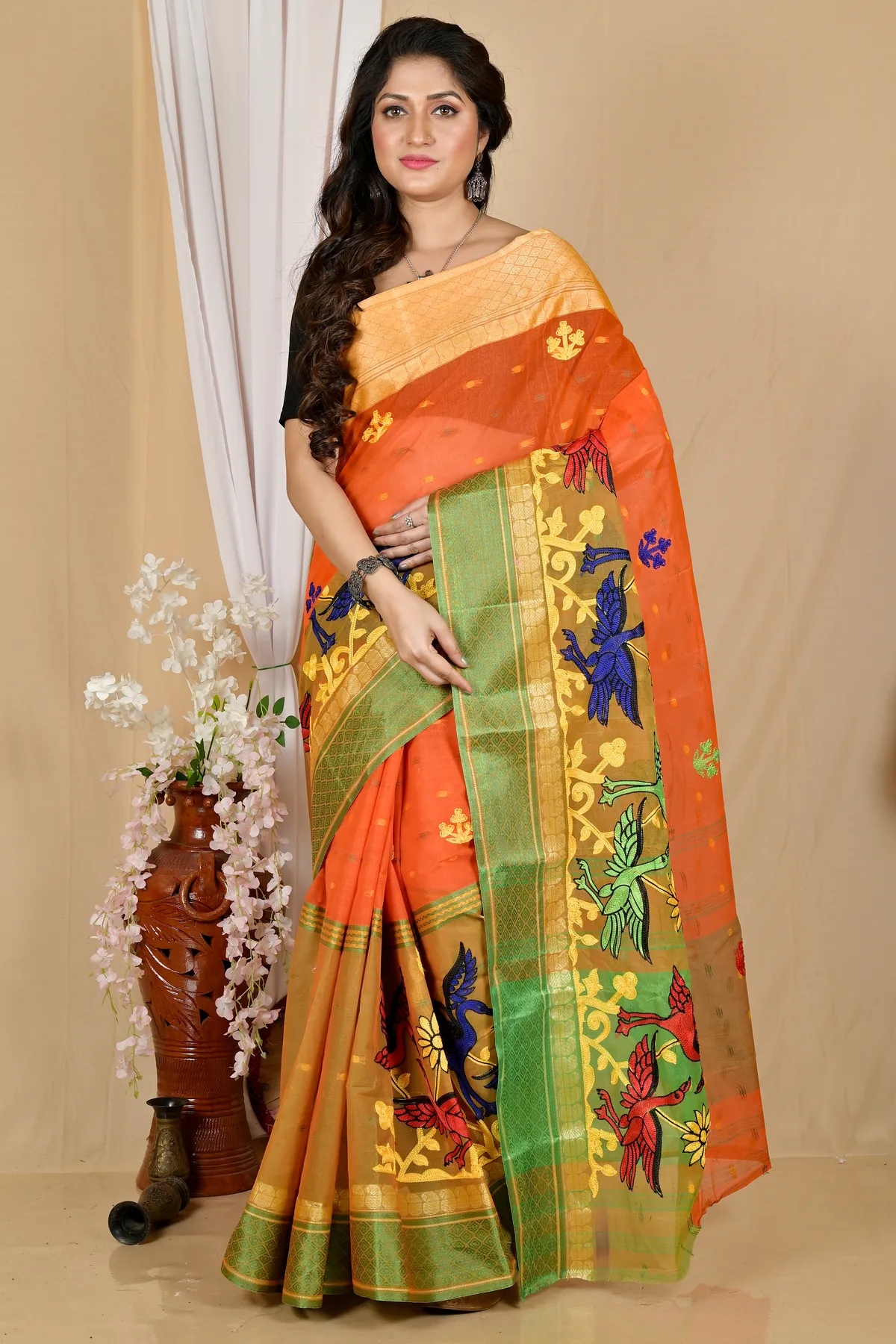 DipDiya Pure Cotton Orange Embi Ganga Bok Bengali Heritage Embroidery Tant Sarees