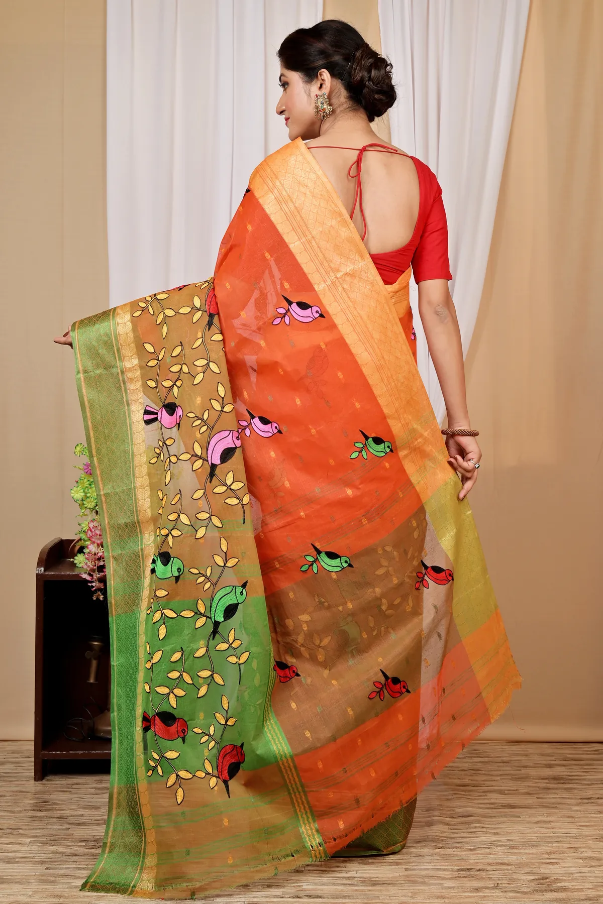 DipDiya Pure Cotton Orange Embi Ganga Chari Wrapped in Heritage Embroidery Tant Sarees