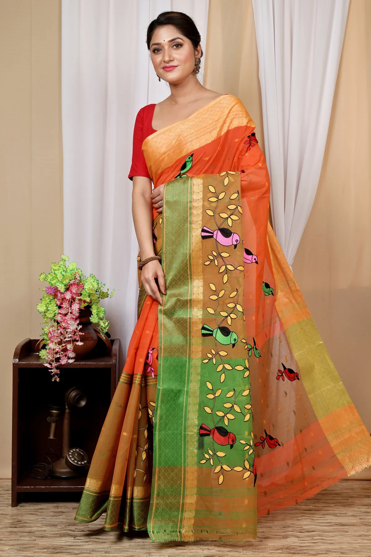 DipDiya Pure Cotton Orange Embi Ganga Chari Wrapped in Heritage Embroidery Tant Sarees