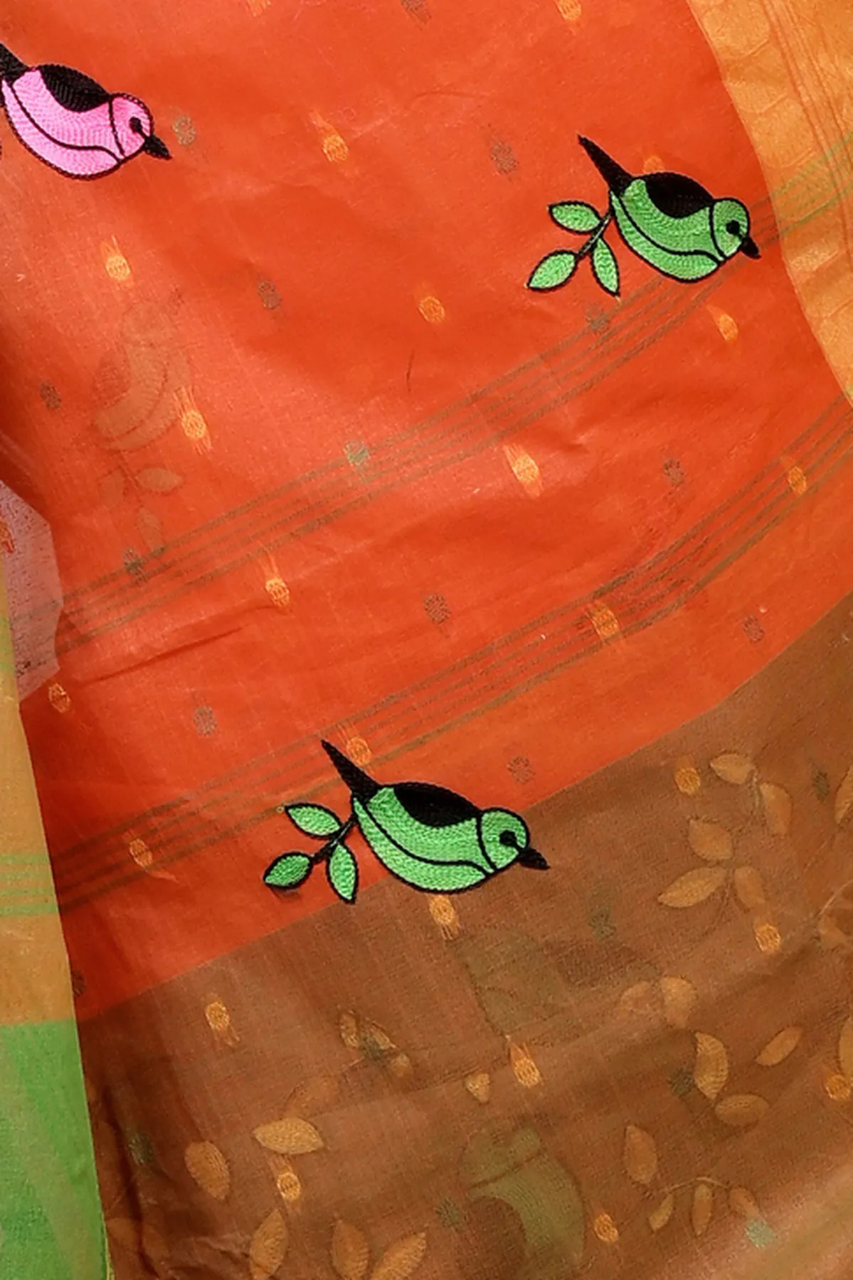 DipDiya Pure Cotton Orange Embi Ganga Chari Wrapped in Heritage Embroidery Tant Sarees