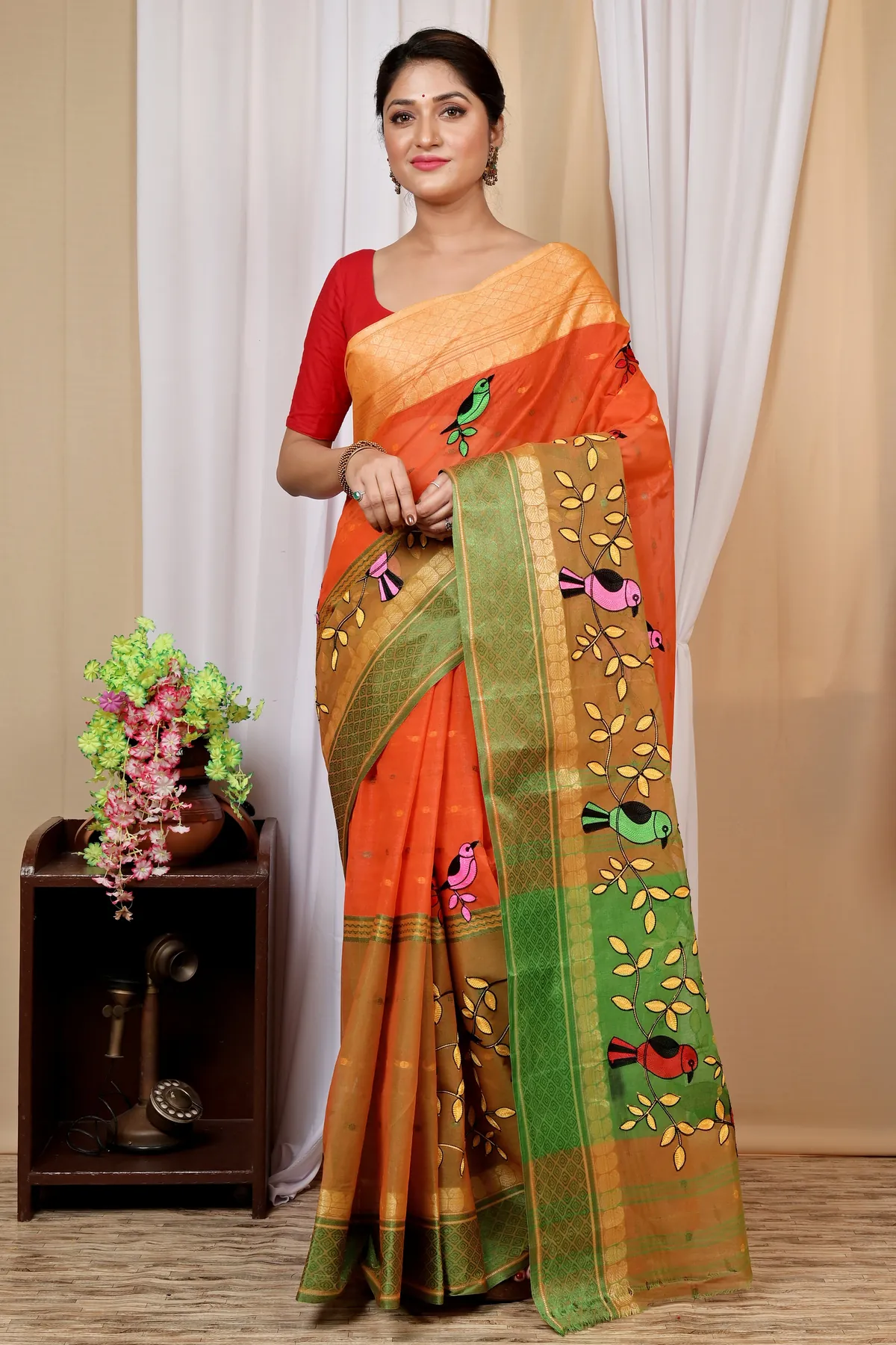 DipDiya Pure Cotton Orange Embi Ganga Chari Wrapped in Heritage Embroidery Tant Sarees