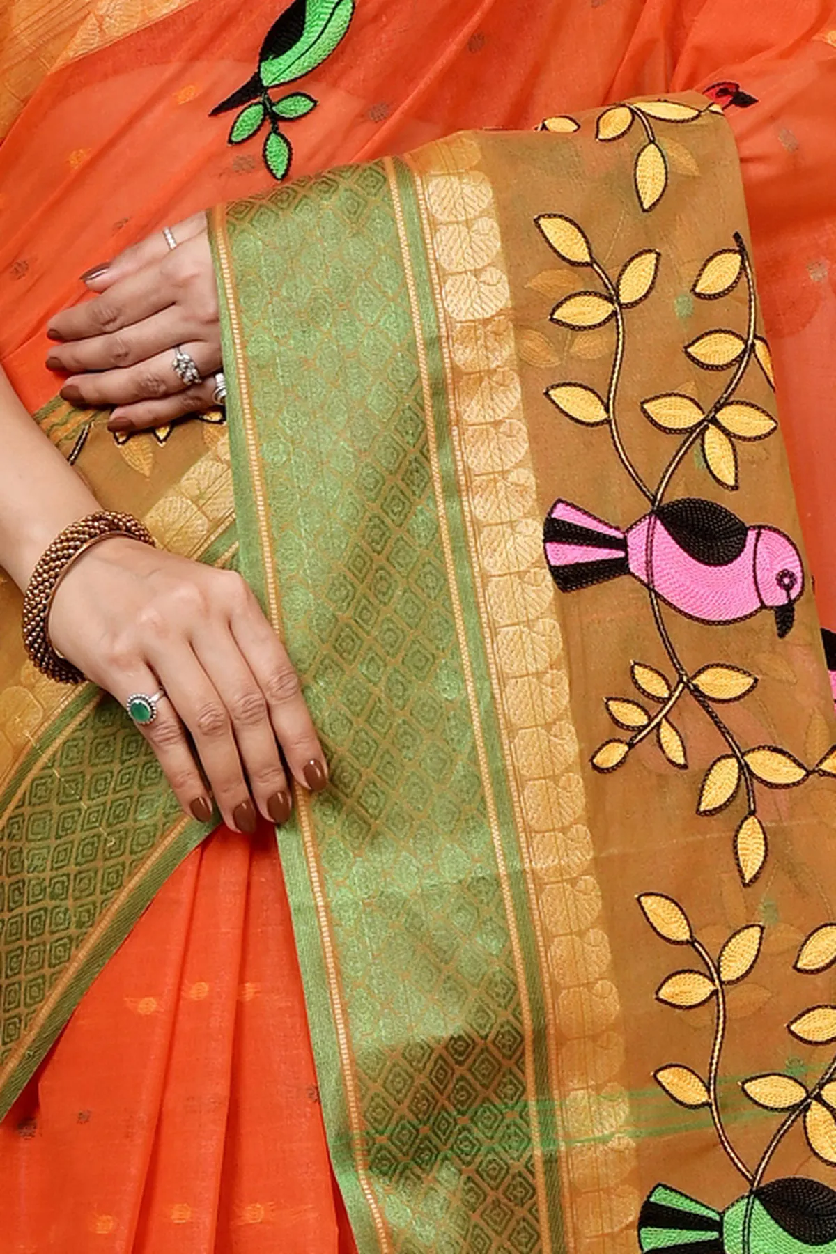 DipDiya Pure Cotton Orange Embi Ganga Chari Wrapped in Heritage Embroidery Tant Sarees